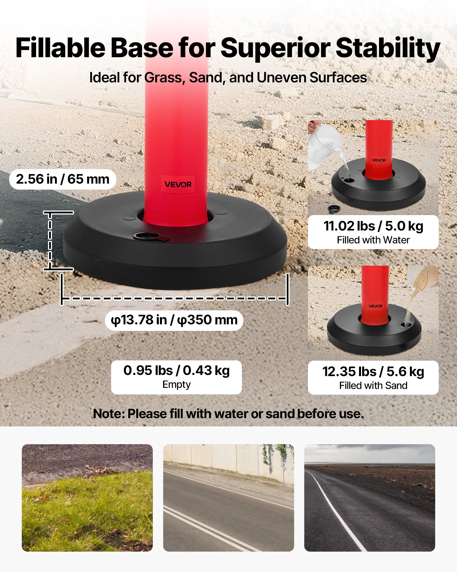 VEVOR 9 Pack Traffic Delineator Posts, 1140 mm Traffic Safety Cones with Fillable Base and Reflective Strips, Heavy Duty Delineator Posts for Construction Site, Parking Lot, Crowd Control, Red