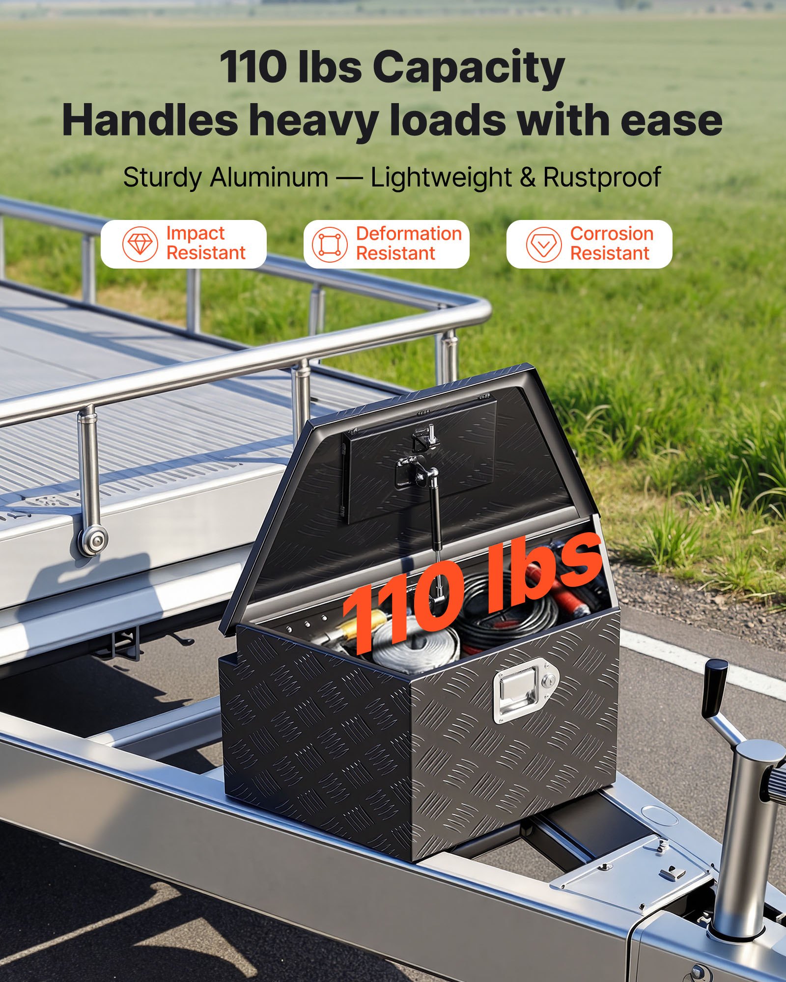 VEVOR Trailer Tongue Box, 660 x 330 x 305 mm Aluminum Trailer Tongue Tool Box, Heavy Duty Storage Organizer with Lock & Keys, Utility Tool Chest for Pickup Truck Bed, RV, SUV, Off-Road Vehicle, Black