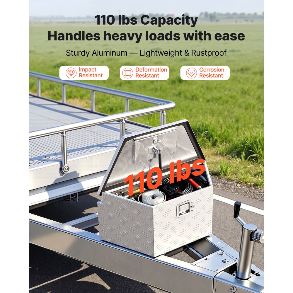 Skrzynia narzędziowa VEVOR Drawbar Box o wymiarach 1660 x 330 x 305 mm wykonana z aluminium, nośność 50 kg, z zamkiem i kluczykami, do przyczep typu pickup, kamperów, SUV-ów, pojazdów terenowych, srebrna