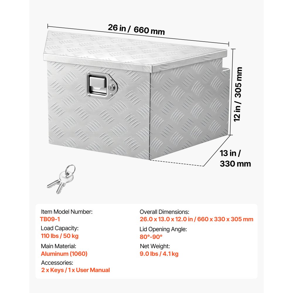 Skrzynia narzędziowa VEVOR Drawbar Box o wymiarach 1660 x 330 x 305 mm wykonana z aluminium, nośność 50 kg, z zamkiem i kluczykami, do przyczep typu pickup, kamperów, SUV-ów, pojazdów terenowych, srebrna