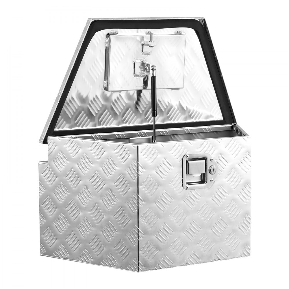 Skrzynia narzędziowa VEVOR Drawbar Box o wymiarach 1660 x 330 x 305 mm wykonana z aluminium, nośność 50 kg, z zamkiem i kluczykami, do przyczep typu pickup, kamperów, SUV-ów, pojazdów terenowych, srebrna