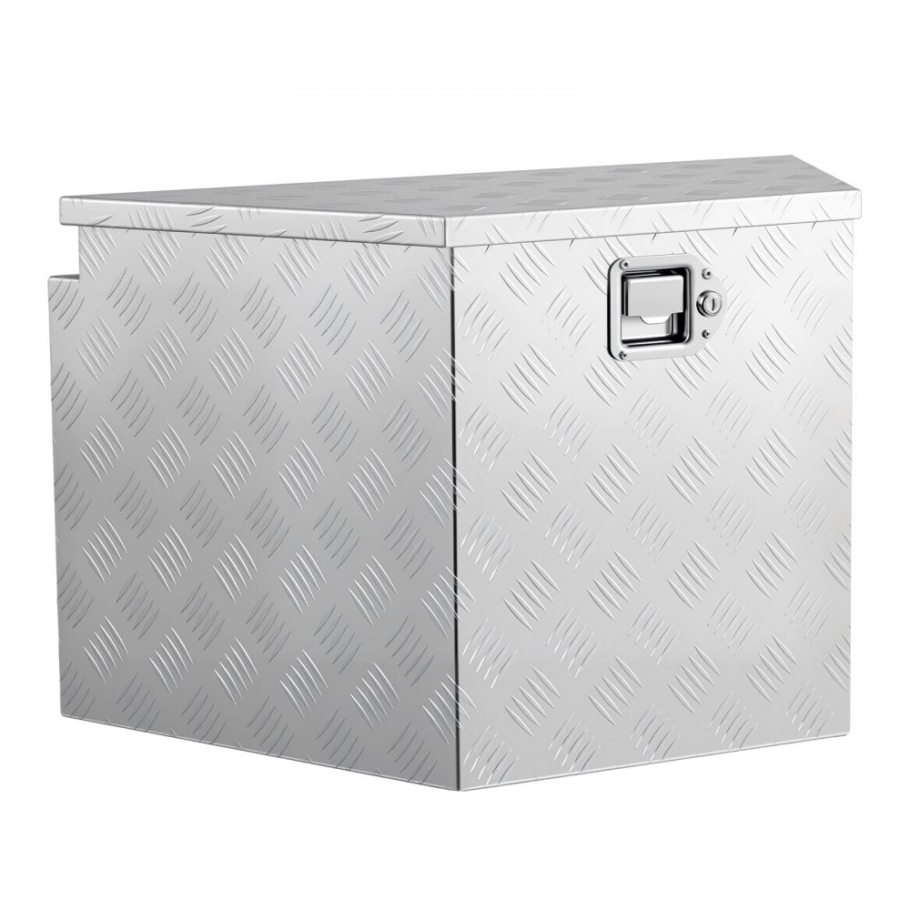 Skrzynia narzędziowa VEVOR Drawbar Box o wymiarach 838 x 483 x 457 mm wykonana z aluminium, ładowność 50 kg, z zamkiem i kluczykami, do przyczep typu pickup, kamperów, SUV-ów, pojazdów terenowych, srebrna