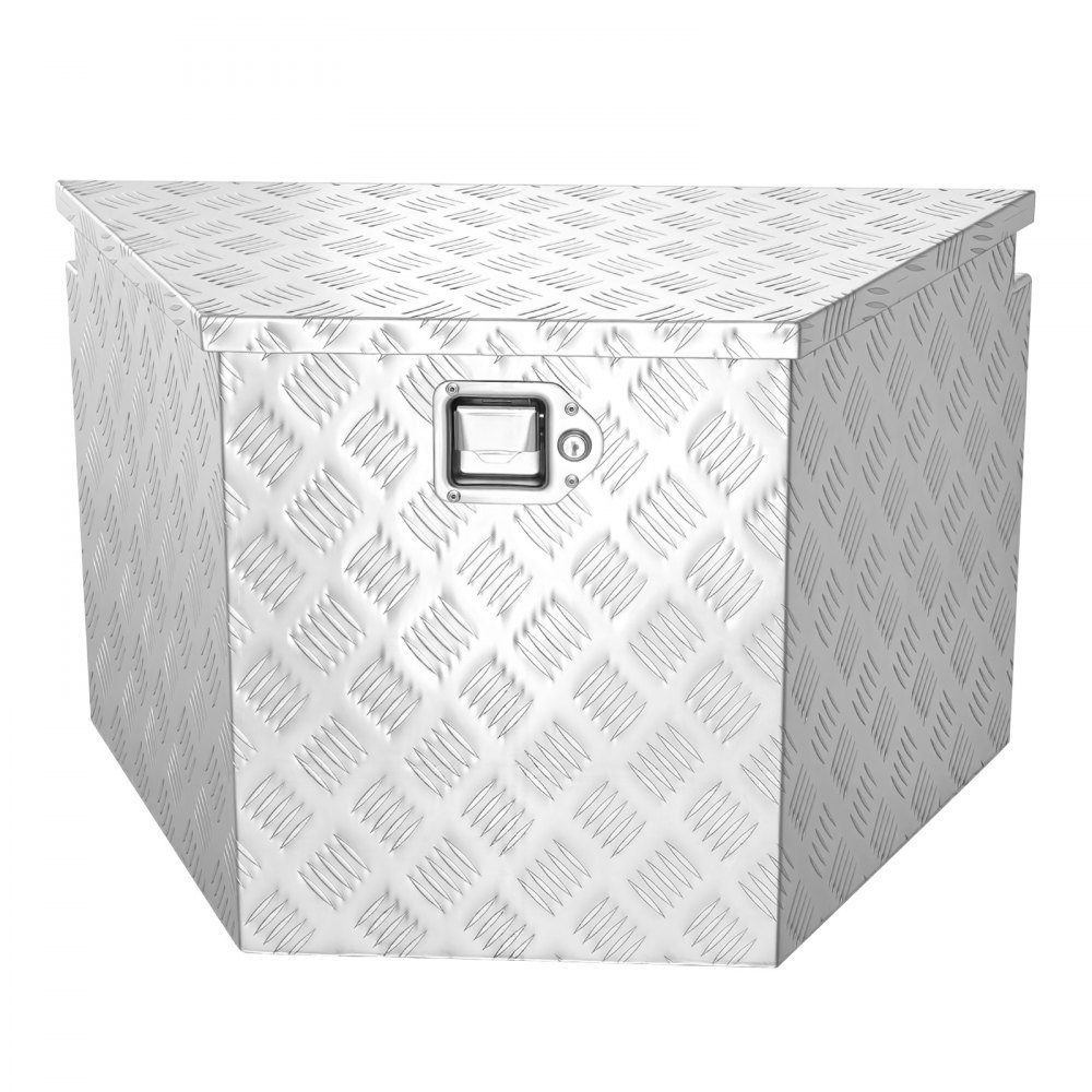 Skrzynia narzędziowa VEVOR Drawbar Box o wymiarach 838 x 483 x 457 mm wykonana z aluminium, ładowność 50 kg, z zamkiem i kluczykami, do przyczep typu pickup, kamperów, SUV-ów, pojazdów terenowych, srebrna