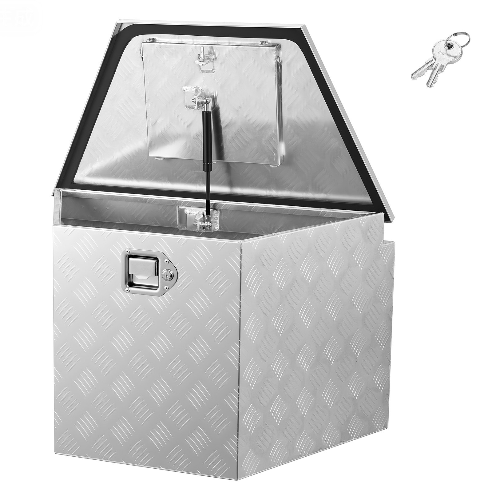 Skrzynia narzędziowa VEVOR Drawbar Box o wymiarach 838 x 483 x 457 mm wykonana z aluminium, ładowność 50 kg, z zamkiem i kluczykami, do przyczep typu pickup, kamperów, SUV-ów, pojazdów terenowych, srebrna