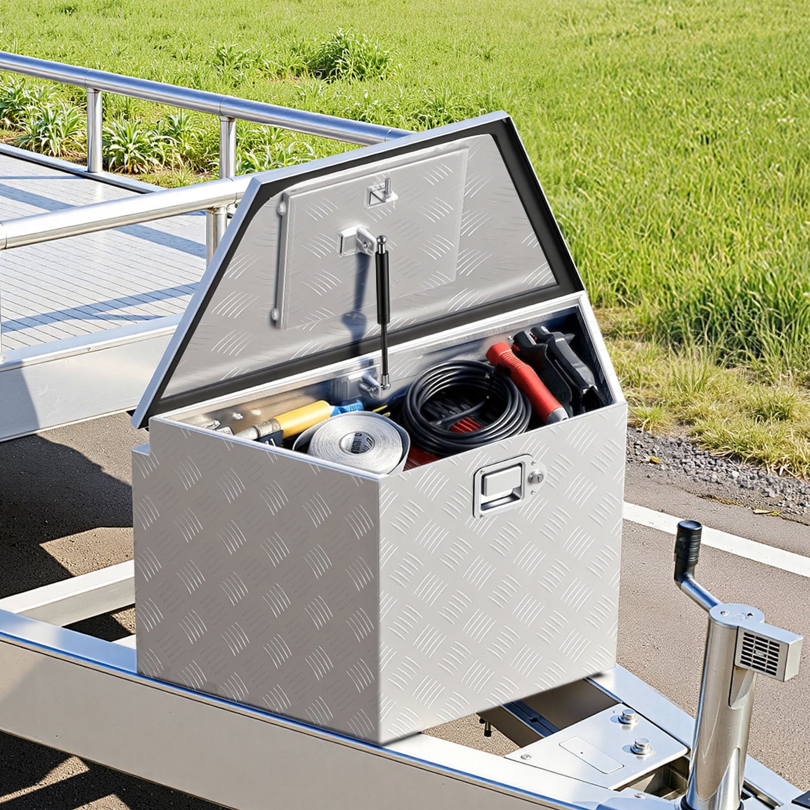 Skrzynia narzędziowa VEVOR Drawbar Box o wymiarach 838 x 483 x 457 mm wykonana z aluminium, ładowność 50 kg, z zamkiem i kluczykami, do przyczep typu pickup, kamperów, SUV-ów, pojazdów terenowych, srebrna