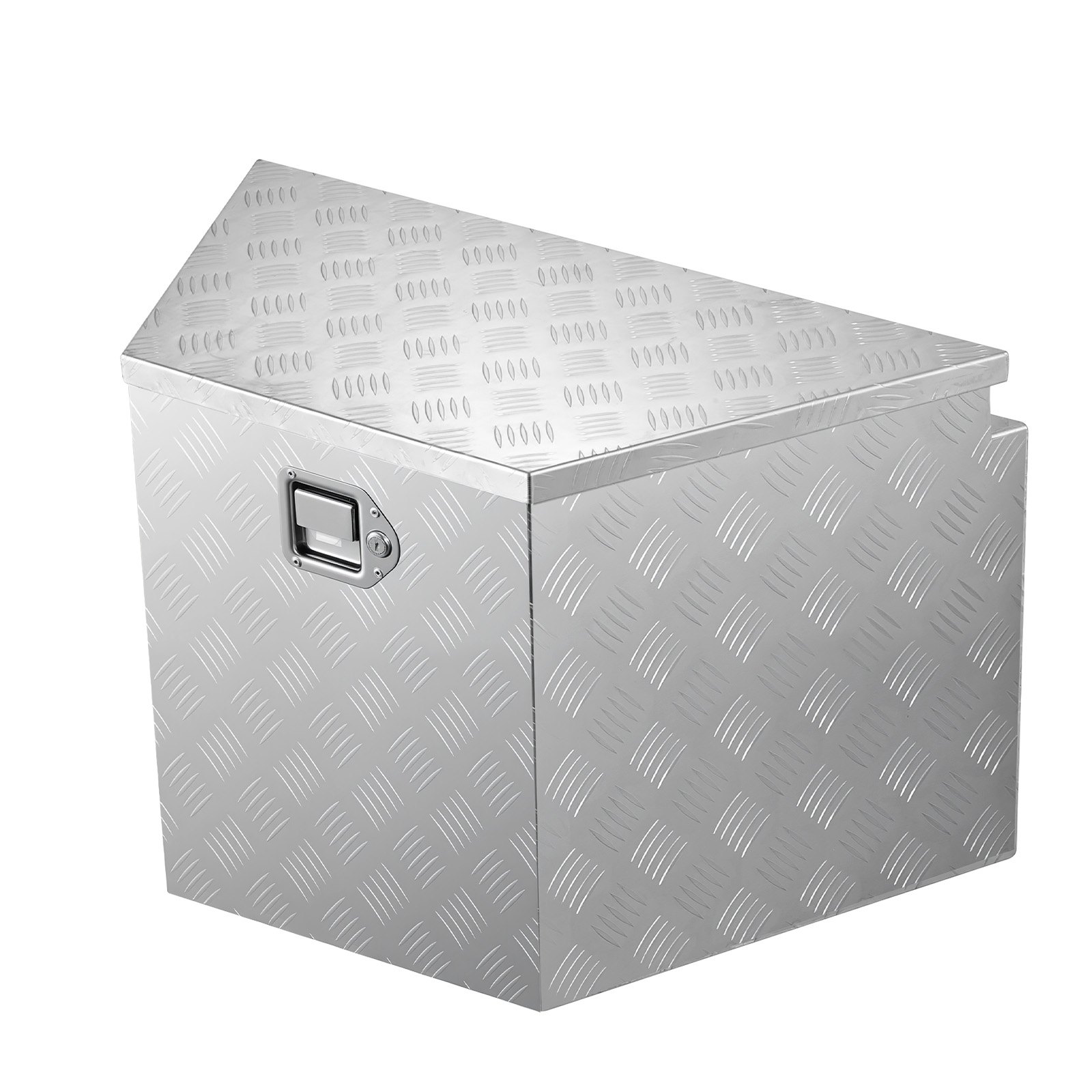 Skrzynia narzędziowa VEVOR Drawbar Box o wymiarach 838 x 483 x 457 mm wykonana z aluminium, ładowność 50 kg, z zamkiem i kluczykami, do przyczep typu pickup, kamperów, SUV-ów, pojazdów terenowych, srebrna