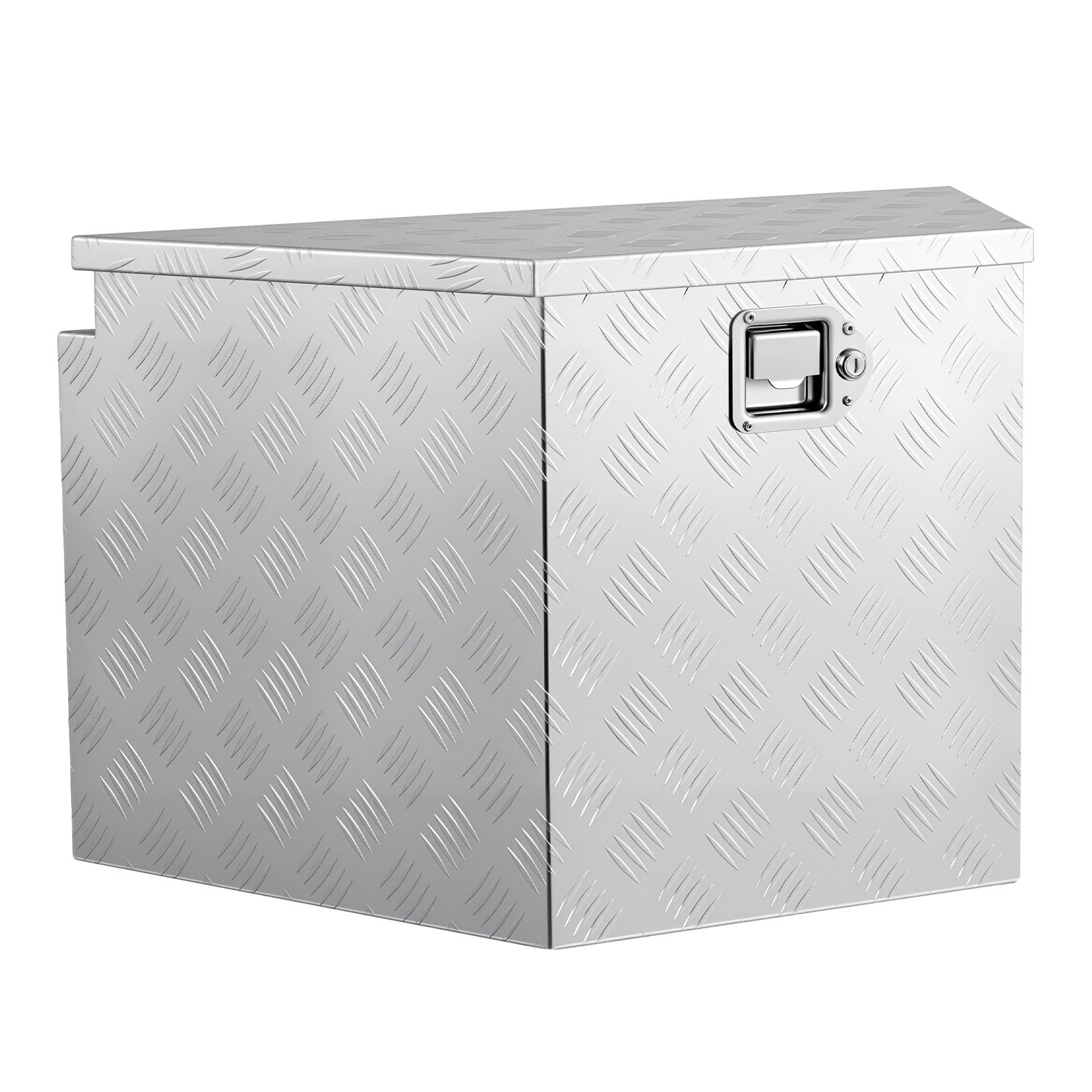 Skrzynia narzędziowa VEVOR Drawbar Box o wymiarach 838 x 483 x 457 mm wykonana z aluminium, ładowność 50 kg, z zamkiem i kluczykami, do przyczep typu pickup, kamperów, SUV-ów, pojazdów terenowych, srebrna