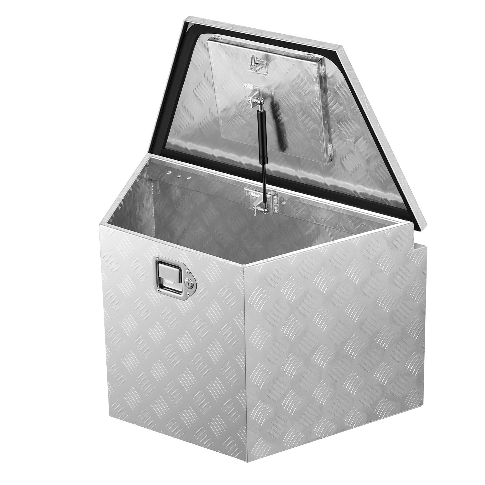 Skrzynia narzędziowa VEVOR Drawbar Box o wymiarach 838 x 483 x 457 mm wykonana z aluminium, ładowność 50 kg, z zamkiem i kluczykami, do przyczep typu pickup, kamperów, SUV-ów, pojazdów terenowych, srebrna