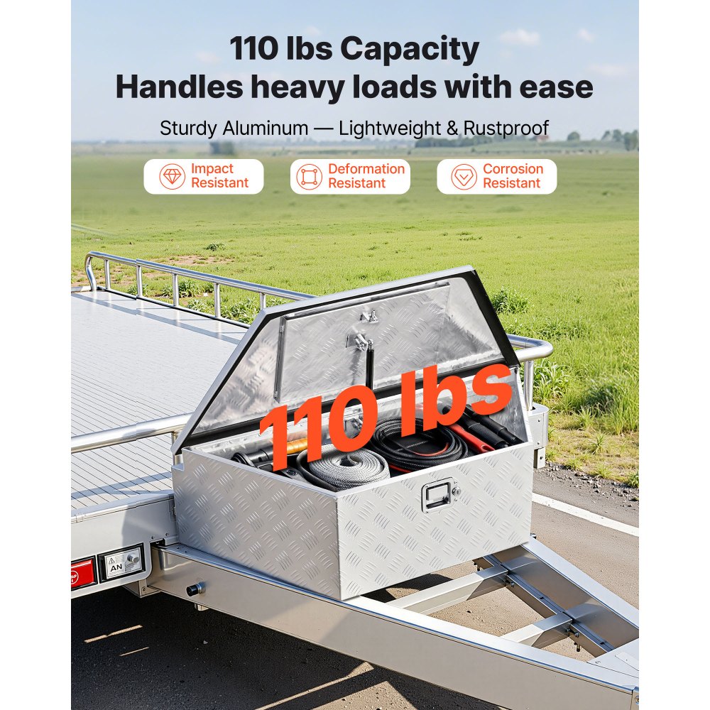 Skrzynia narzędziowa VEVOR Drawbar Box 990 x 419 x 305 mm, aluminiowa, o ładowności 50 kg, z zamkiem i kluczykami, do przyczep typu pickup, kamperów, SUV-ów, pojazdów terenowych, srebrna