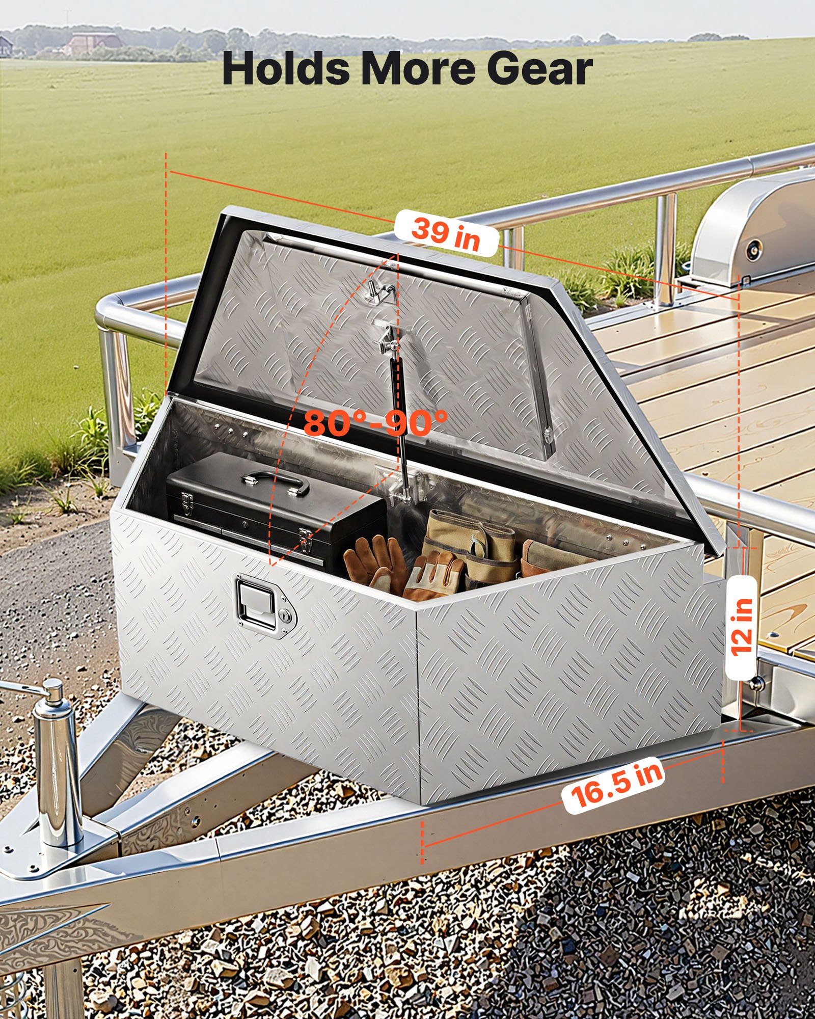 Skrzynia narzędziowa VEVOR Drawbar Box 990 x 419 x 305 mm, aluminiowa, o ładowności 50 kg, z zamkiem i kluczykami, do przyczep typu pickup, kamperów, SUV-ów, pojazdów terenowych, srebrna