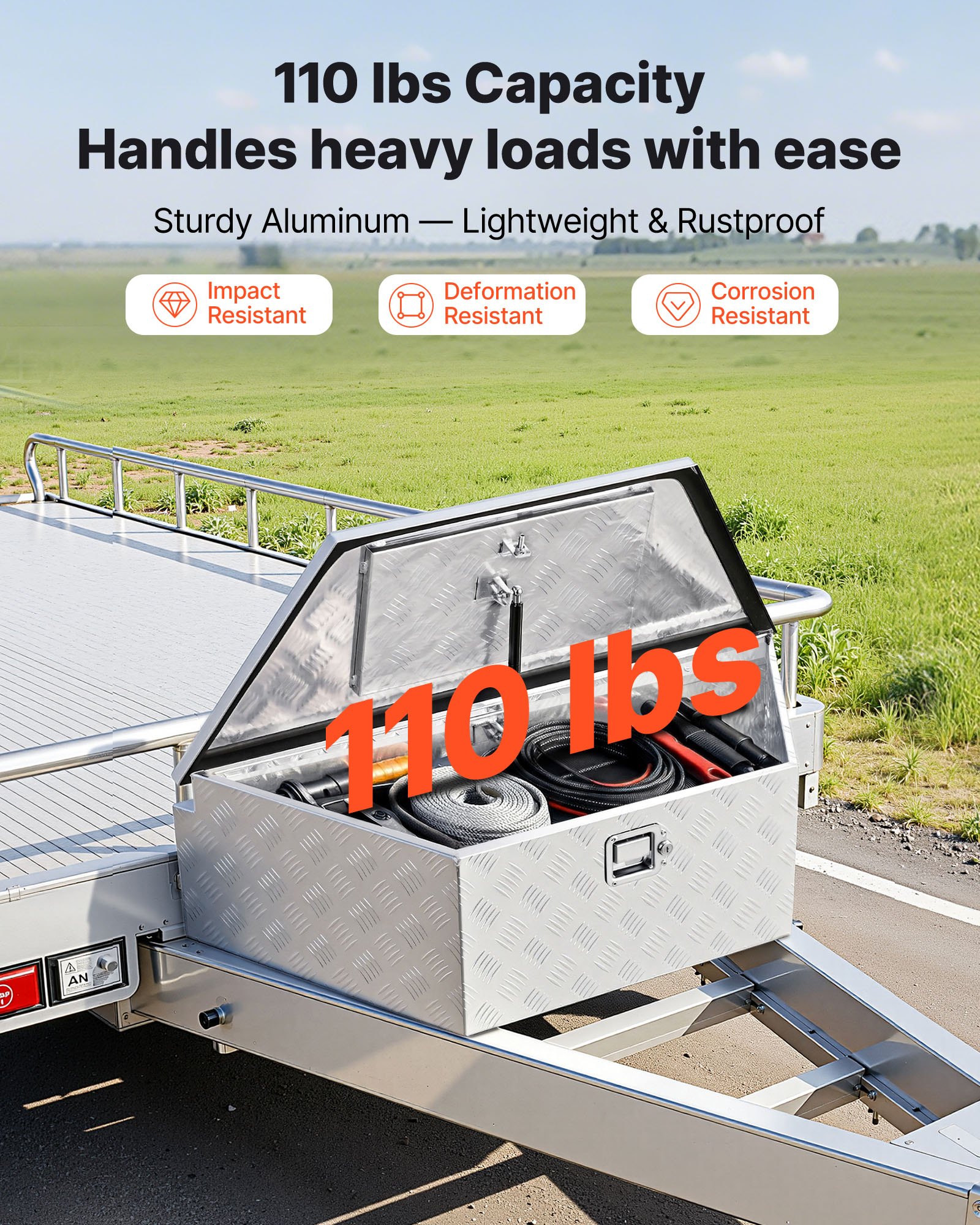 Skrzynia narzędziowa VEVOR Drawbar Box 990 x 419 x 305 mm, aluminiowa, o ładowności 50 kg, z zamkiem i kluczykami, do przyczep typu pickup, kamperów, SUV-ów, pojazdów terenowych, srebrna