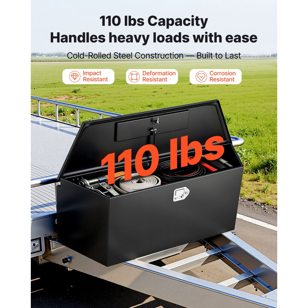 Skrzynia narzędziowa VEVOR Drawbar Box Truckbox 1245 x 353 x 470 mm wykonana ze stali, nośność 50 kg, z zamkiem i kluczykami, do przyczep typu pickup, kamperów, SUV-ów, pojazdów terenowych, czarna