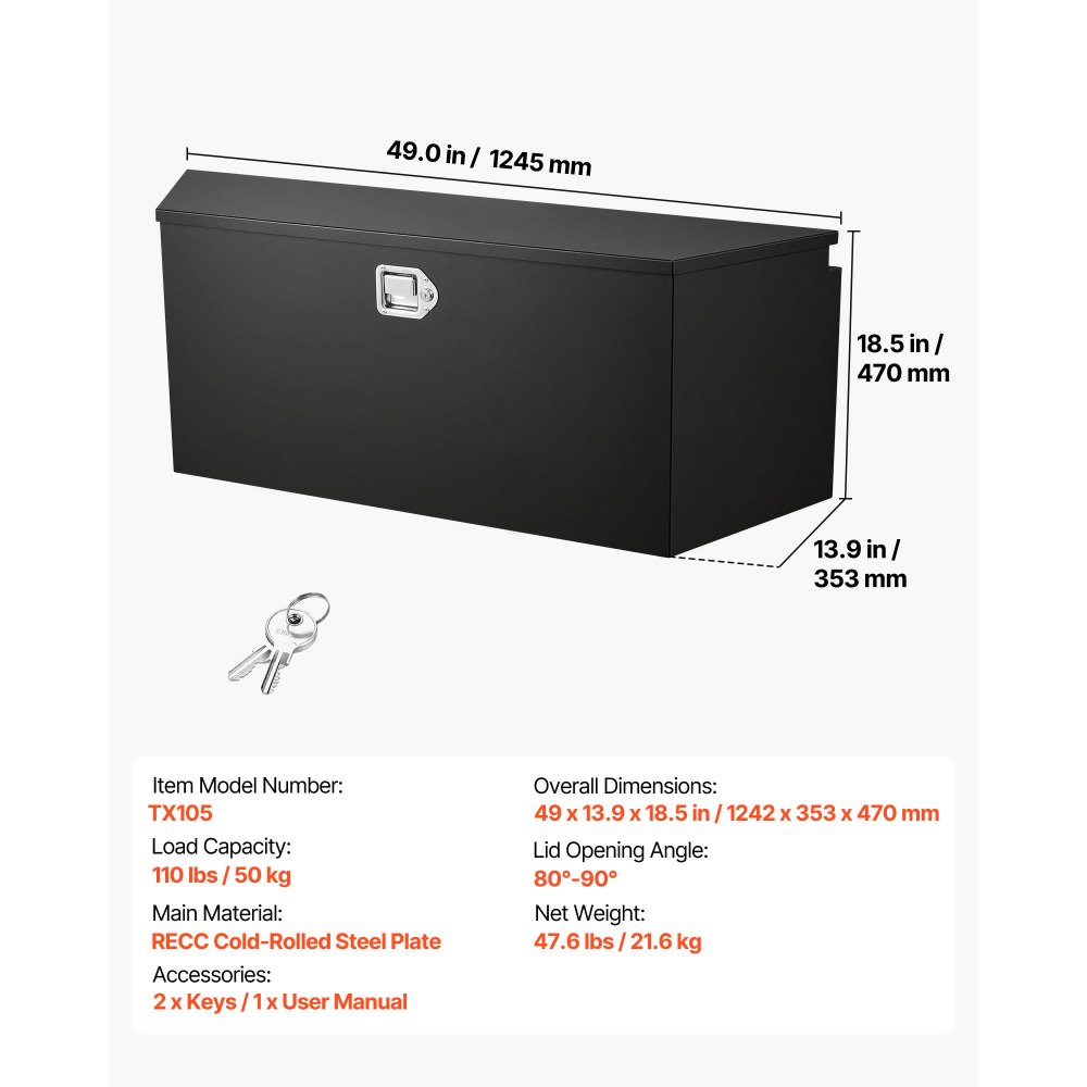 Skrzynia narzędziowa VEVOR Drawbar Box Truckbox 1245 x 353 x 470 mm wykonana ze stali, nośność 50 kg, z zamkiem i kluczykami, do przyczep typu pickup, kamperów, SUV-ów, pojazdów terenowych, czarna