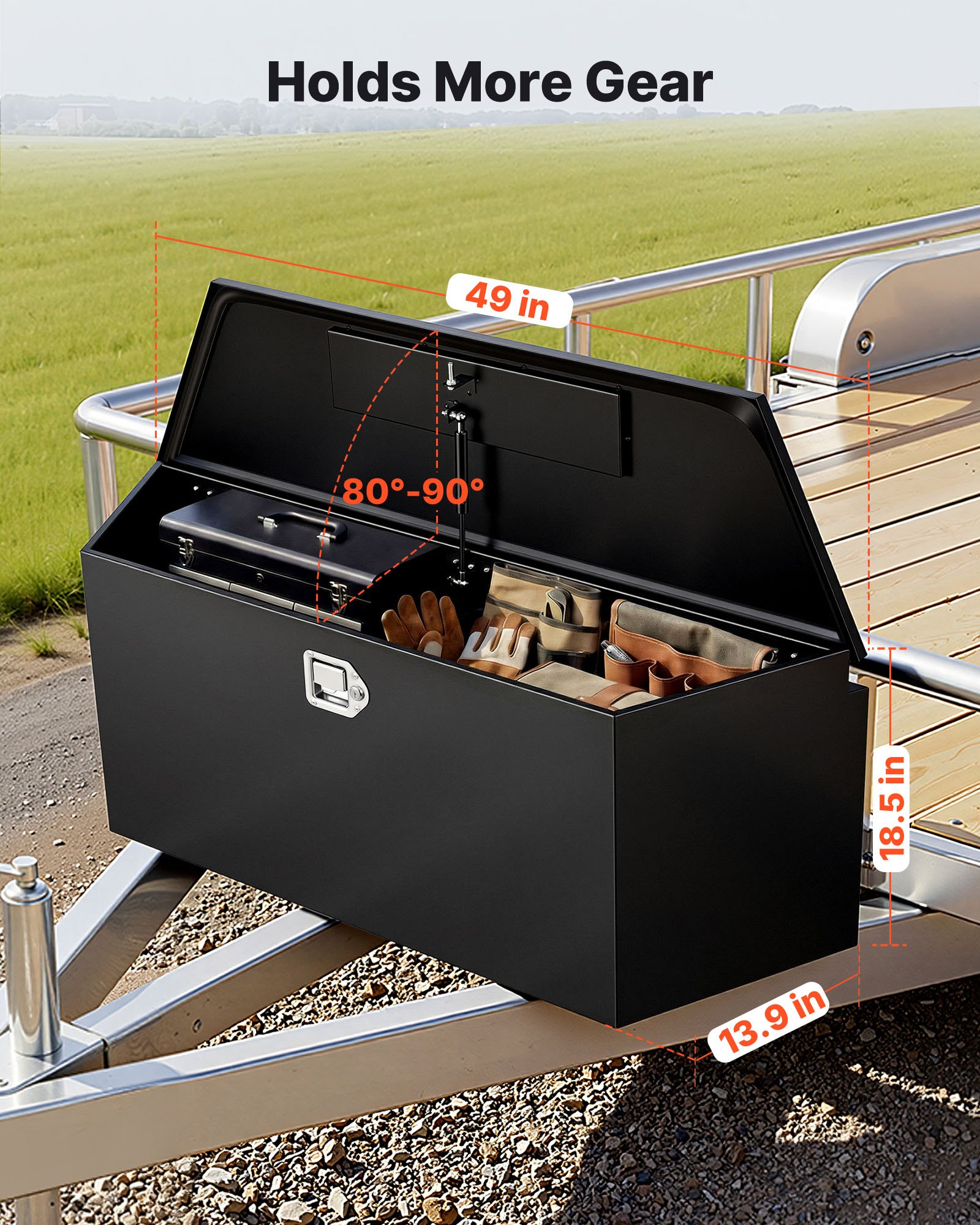 Skrzynia narzędziowa VEVOR Drawbar Box Truckbox 1245 x 353 x 470 mm wykonana ze stali, nośność 50 kg, z zamkiem i kluczykami, do przyczep typu pickup, kamperów, SUV-ów, pojazdów terenowych, czarna