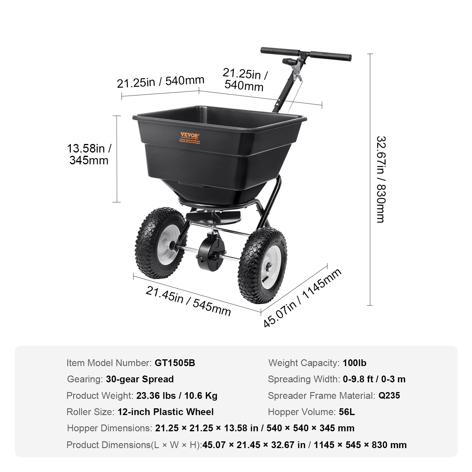 Rozsiewacz VEVOR 56L Rozsiewacz nasion 1145x545x830mm Rozsiewacz nawozów Szerokość rozsiewu 0-3m Rozsiewacz odśrodkowy Nośność 45kg Rozsiewacz ręczny Wózek do rozsiewacza ręcznego Rama Q235 Plastikowe koła Rozsiewacz soli