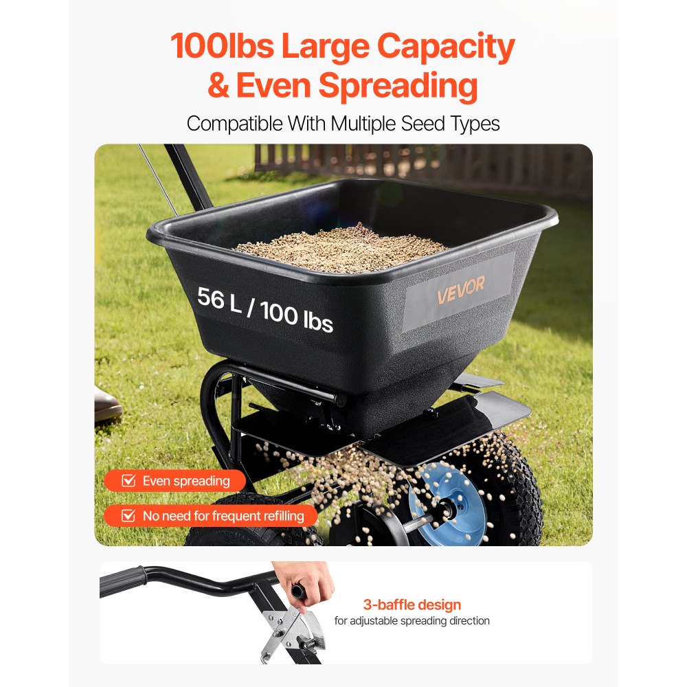 VEVOR Lawn Spreader, 100LBS Capacity, Walk-Behind Push Spreader, 0-9.8ft Spreading Width, 13 in All Terrain Pneumatic Tires, Fertilizer Spreaders with Hopper Grate, for Seed Salt Ice Melt
