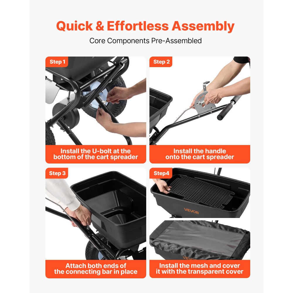 VEVOR Walk-Behind Spreader, 3.66m Spreading Width, Push Broadcast Spreader with 13" All-Terrain Tires, Adjustable Flow Control, 59kg Capacity Hopper, Lawn Spreaders for Fertilizer Seed Ice Melt