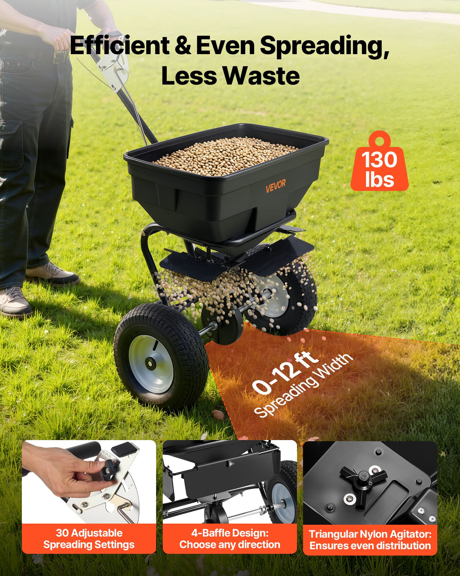 VEVOR Walk-Behind Spreader, 3.66m Spreading Width, Push Broadcast Spreader with 13" All-Terrain Tires, Adjustable Flow Control, 59kg Capacity Hopper, Lawn Spreaders for Fertilizer Seed Ice Melt