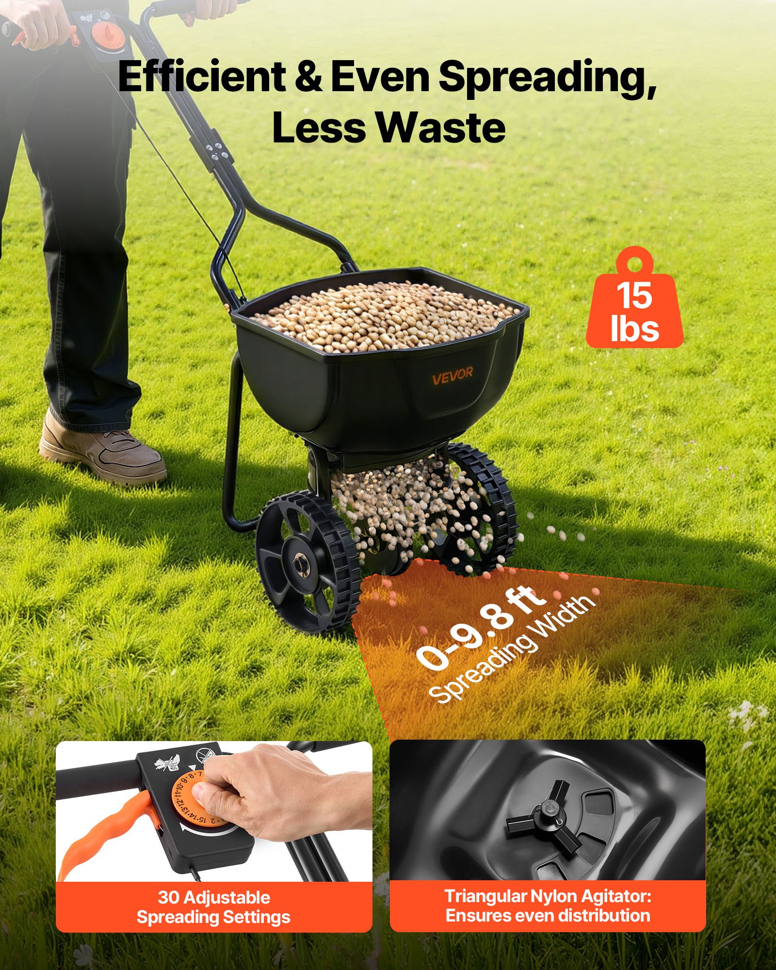 VEVOR Push Lawn Spreader, 3m Spreading Width, Broadcast Spreader with 59kg Load Capacity & 10 in All-Terrain Tires, Walk-Behind Garden & Lawn Broadcast Spreaders for Seed Fertilizer Weed Control
