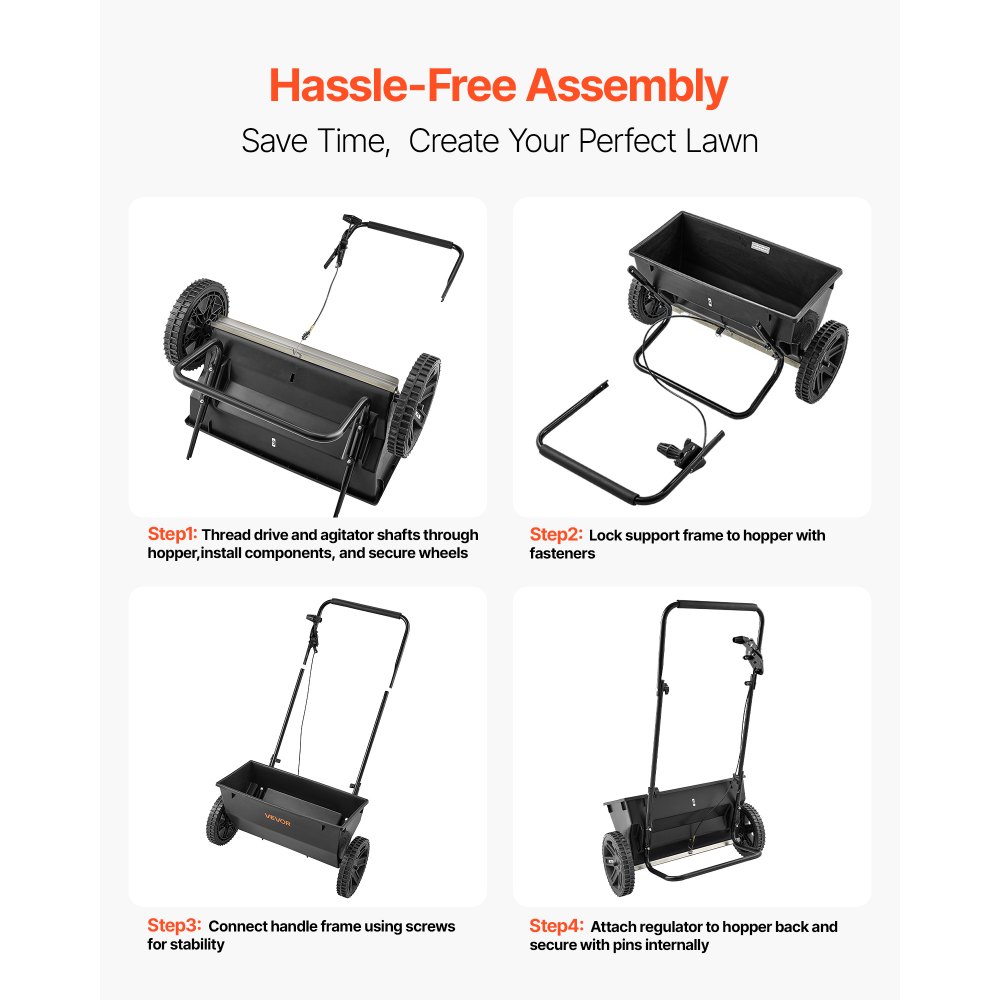 Rozsiewacz nasion VEVOR, pojemność 22,6 kg, rozsiewacz nasion, szerokość rozsiewu 460 mm, rozsiewacz nawozu z oponami 25,4 cm, rozsiewacz trawnikowy z kratką zasobnika, do nasion, nawozu, soli, środka do topienia lodu
