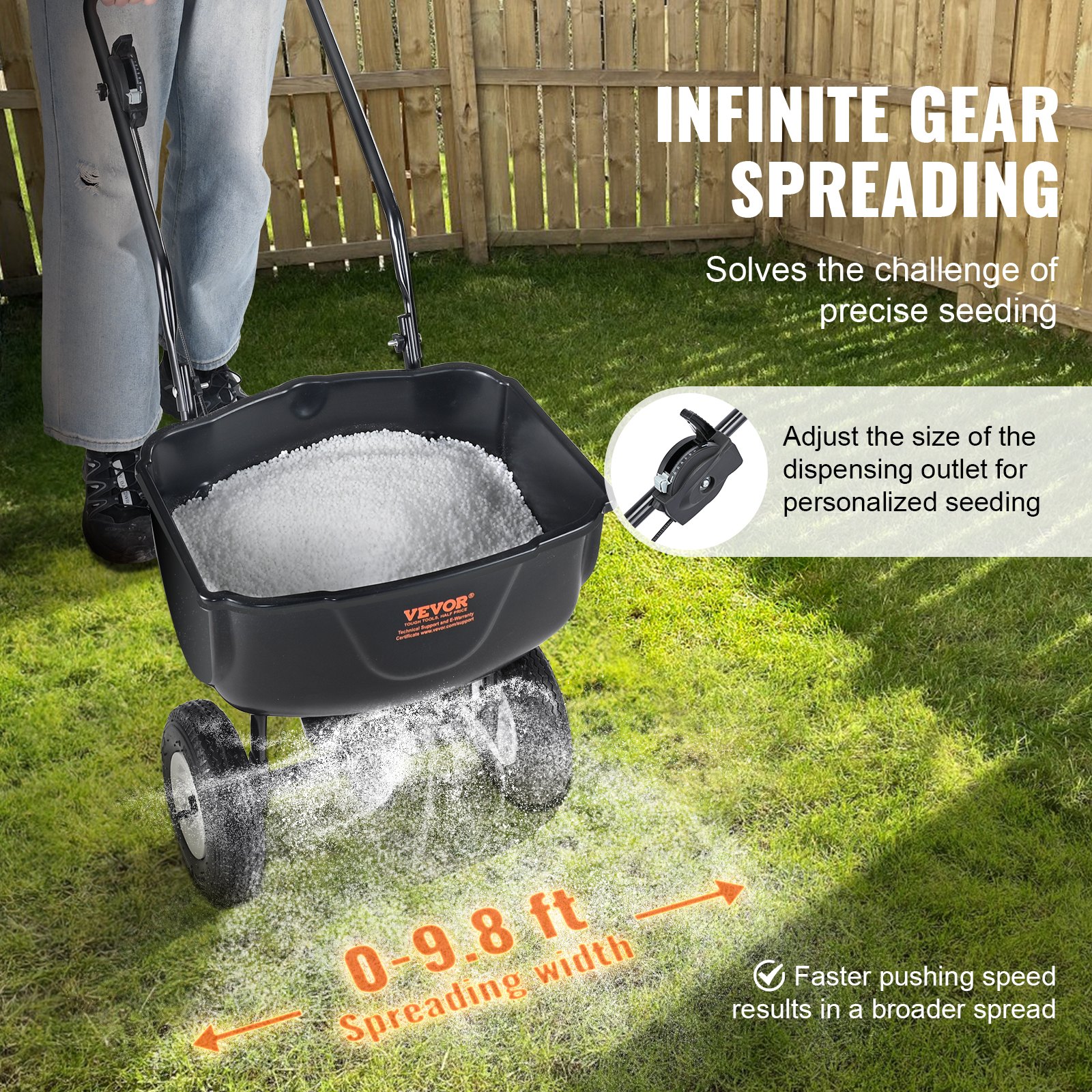 Rozsiewacz VEVOR 20L Rozsiewacz nasion 885x485x750mm Rozsiewacz nawozów Szerokość rozsiewu 0-3m Rozsiewacz odśrodkowy Udźwig 27kg Rozsiewacz ręczny Wózek do rozsiewacza ręcznego Rama Q235 Plastikowe koła Rozsiewacz soli