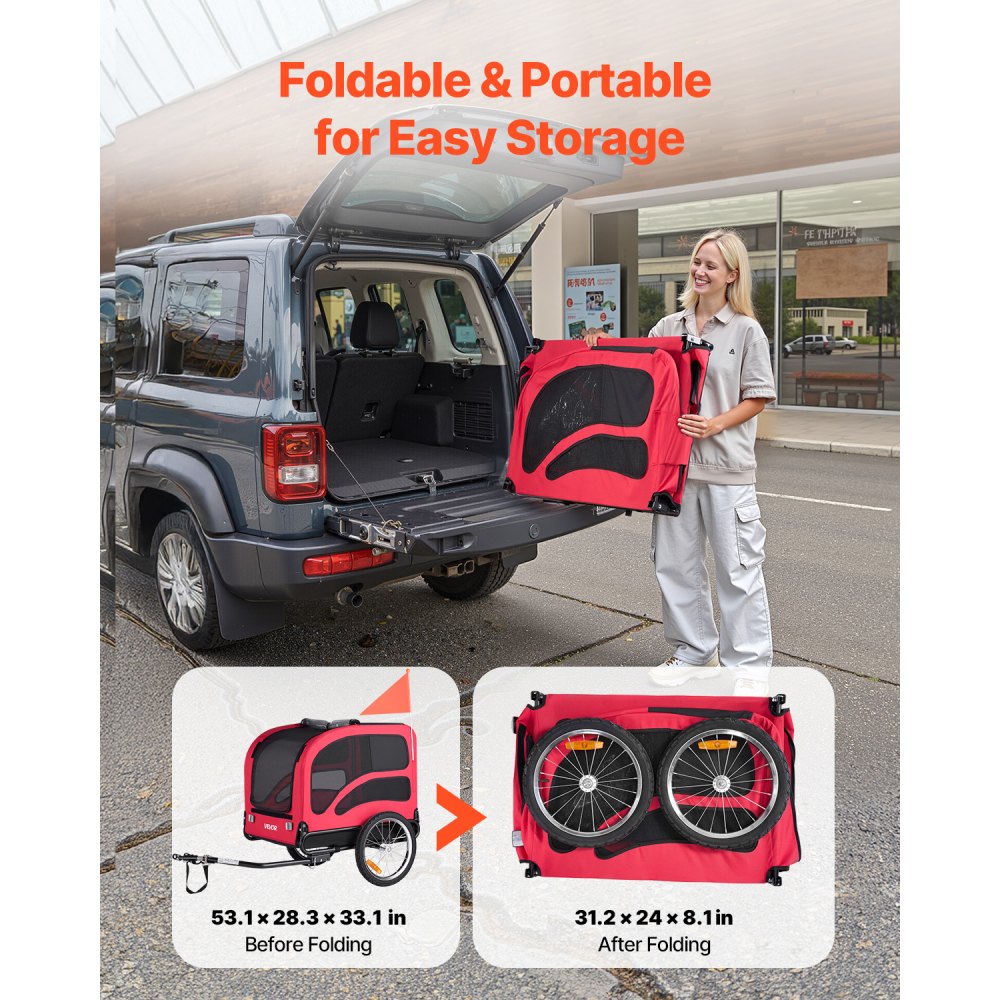 Przyczepa rowerowa dla psa VEVOR, do 45 kg, wózek dla zwierząt, transporter rowerowy dla małych i dużych psów, składana rama z kołami, uniwersalny zaczep rowerowy, w zestawie flaga, wewnętrzna smycz, 1350 x 720 x 840 mm