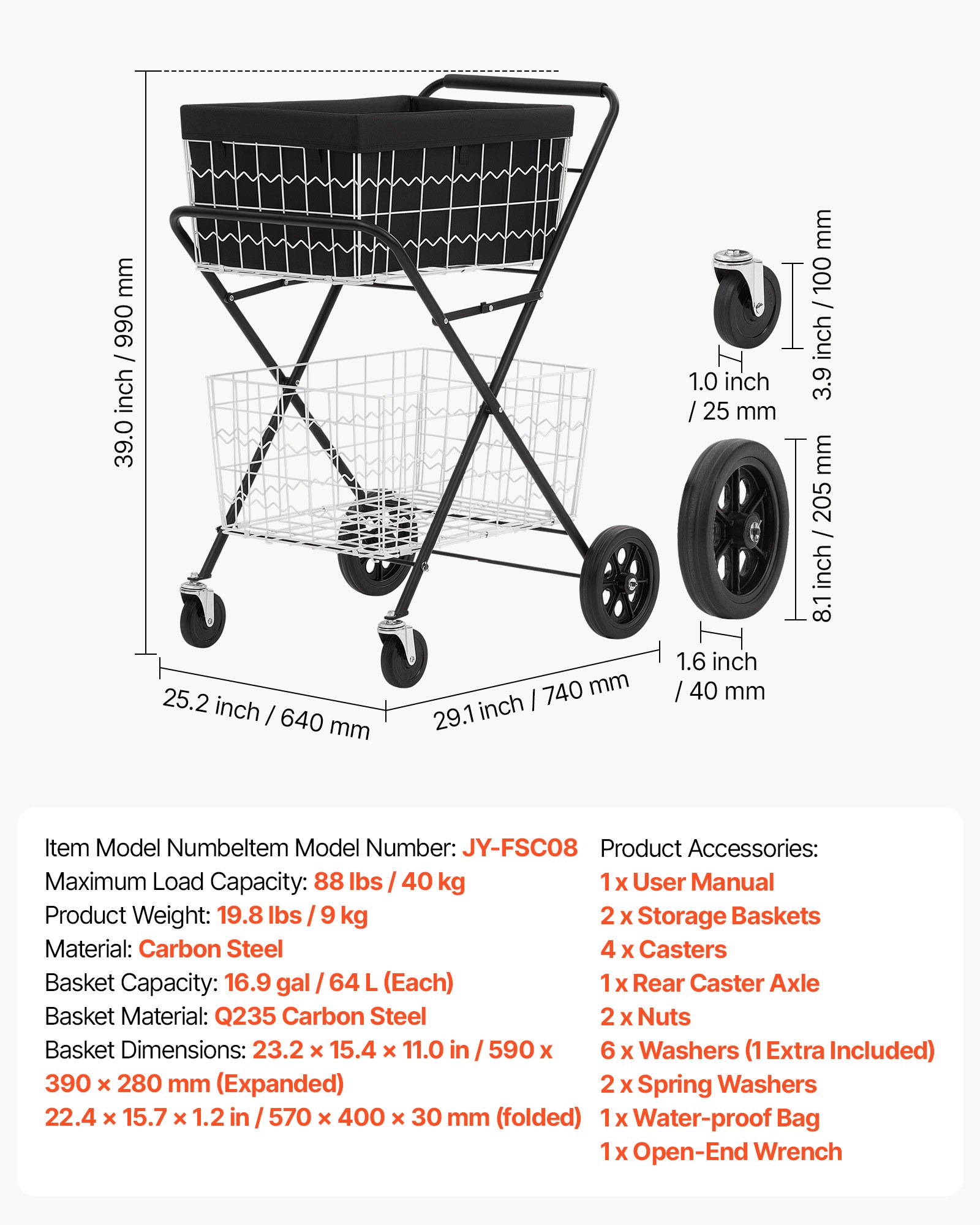 Wózek sklepowy VEVOR 2-poziomowy, składany, ładowność 40 kg, rama stalowa, pojemność 64 l, z 2 wyjmowanymi koszami i 4 kołami, wózek transportowy 2 w 1 do gospodarstwa domowego, supermarketu, magazynu
