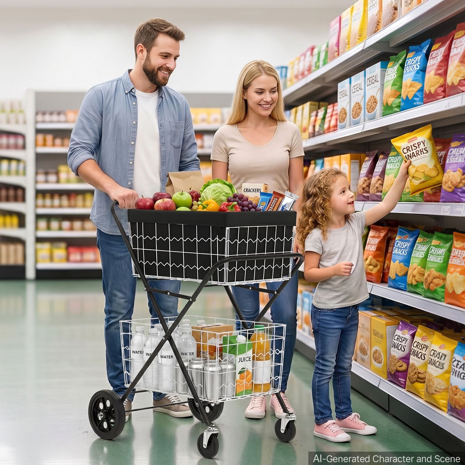 Wózek sklepowy VEVOR 2-poziomowy, składany, ładowność 40 kg, rama stalowa, pojemność 64 l, z 2 wyjmowanymi koszami i 4 kołami, wózek transportowy 2 w 1 do gospodarstwa domowego, supermarketu, magazynu