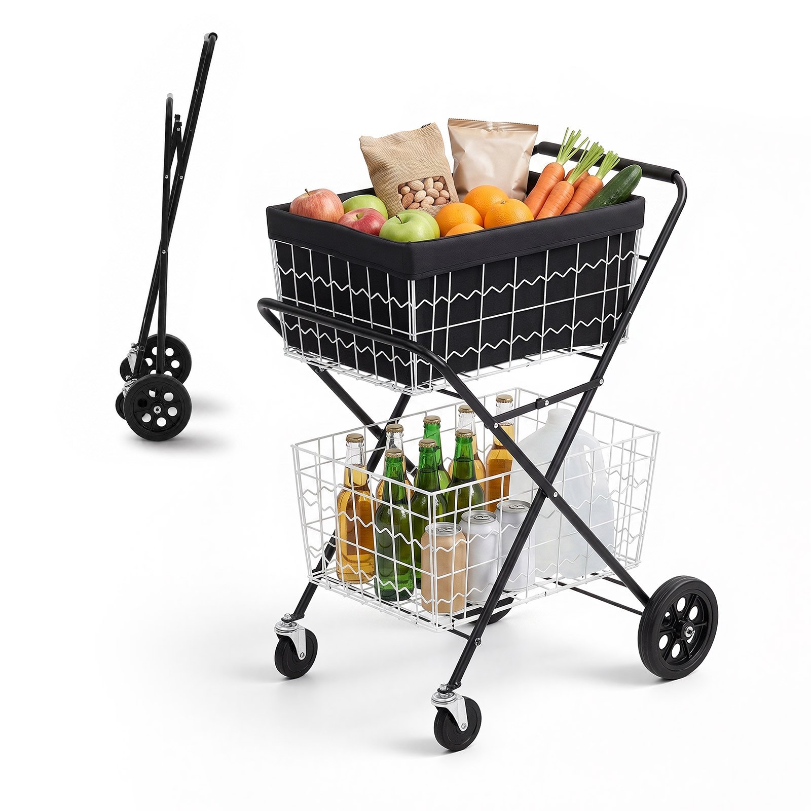 Wózek sklepowy VEVOR 2-poziomowy, składany, ładowność 40 kg, rama stalowa, pojemność 64 l, z 2 wyjmowanymi koszami i 4 kołami, wózek transportowy 2 w 1 do gospodarstwa domowego, supermarketu, magazynu