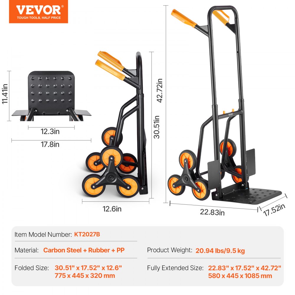 VEVOR Stair Climbing Hand Truck, Stacking Hand Truck; Transport Cart with a Load Capacity of 200 kg, Transport Cart with Double Handle, 6 Wheels & 2 Elastic Ropes for Home, Office, Shopping, Moving, Warehouse