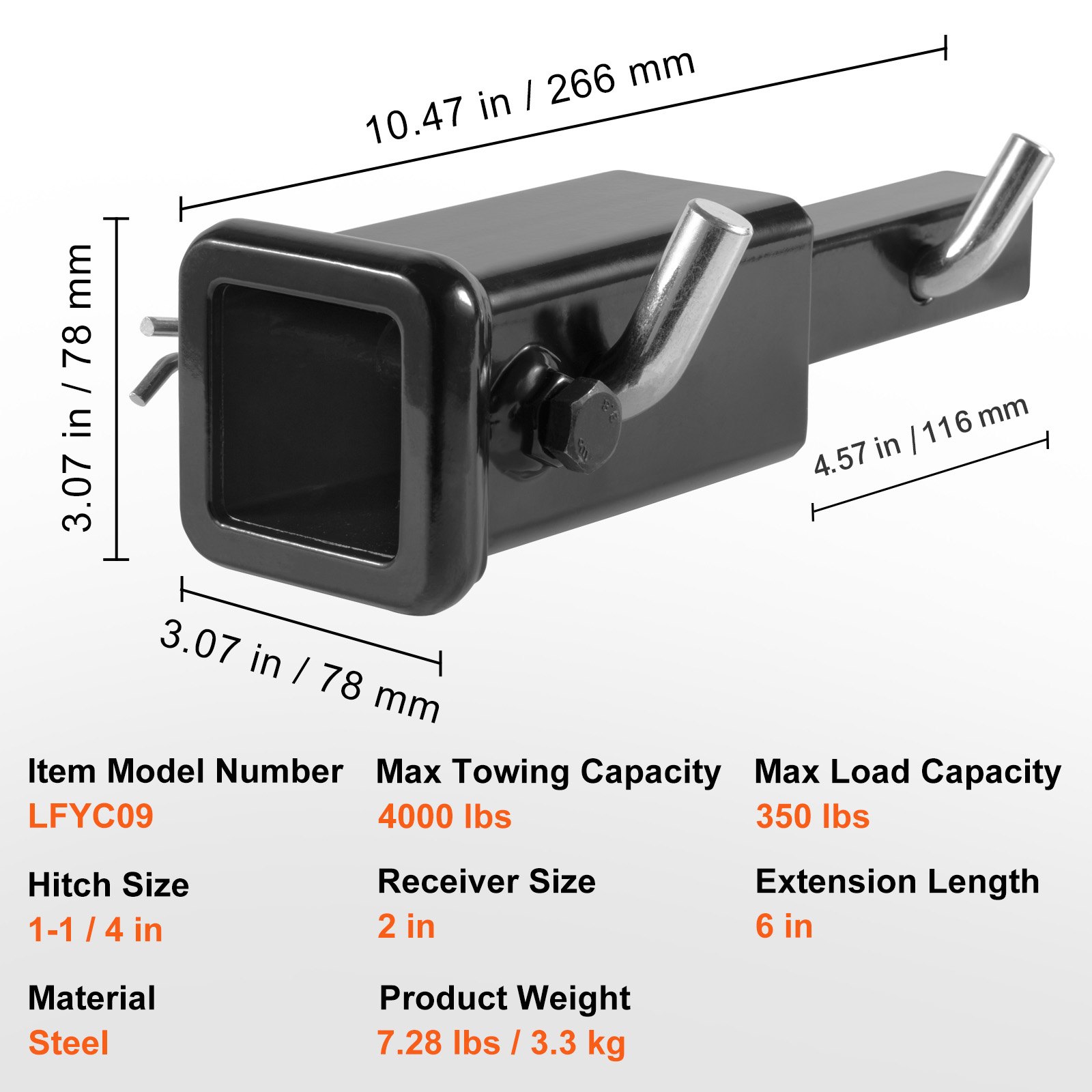 Przedłużenie zaczepu holowniczego VEVOR, adapter zaczepu holowniczego z 1-1/4" na 2", długość przedłużenia 6", udźwig 1,81 tony, w zestawie sworznie zaczepu, zaciski, śruby i nakrętki