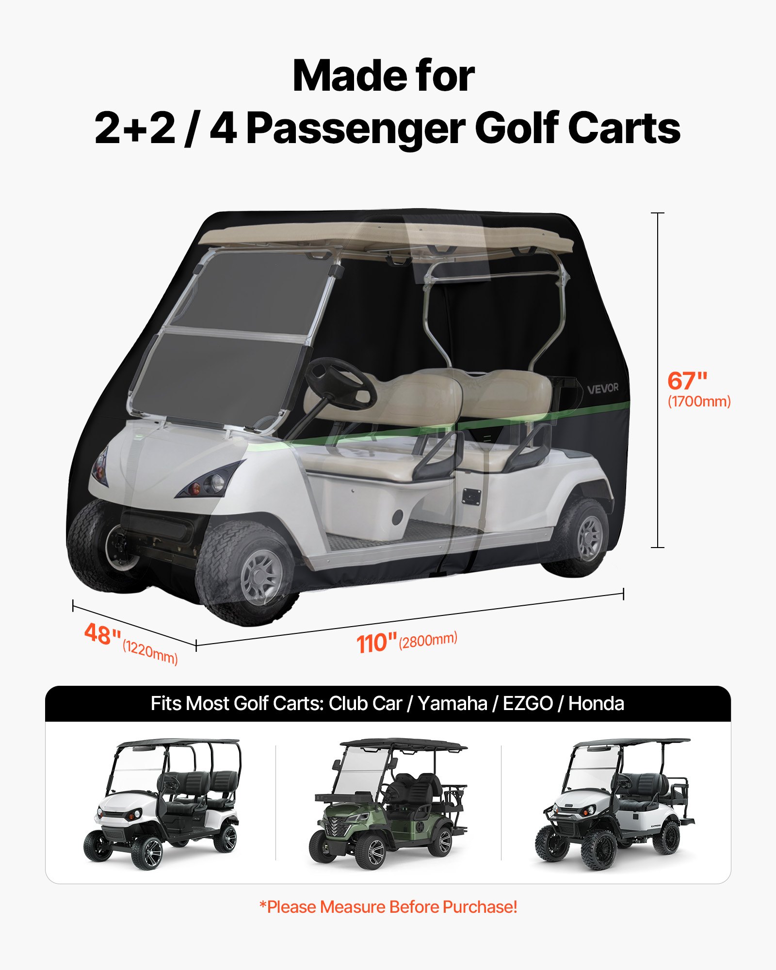 Pokrowiec na wózek golfowy VEVOR do wózków golfowych 2+2/4-osobowych (większość wózków golfowych marek Club Car, Yamaha, EZGO i Honda), pokrowiec przeciwdeszczowy wykonany z tkaniny Oxford 600D, z powłoką poliuretanową i 3 drzwiami zapinanymi na zamek
