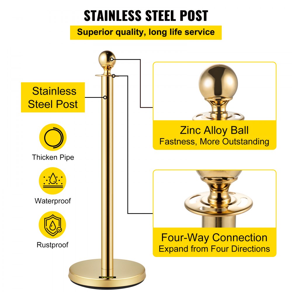 VEVOR 4-piece crowd control system, 96 cm total height, barrier, stanchion, guidepost, stanchion with 1.5 m rope length for weddings, hotels, exhibitions, gold stanchion