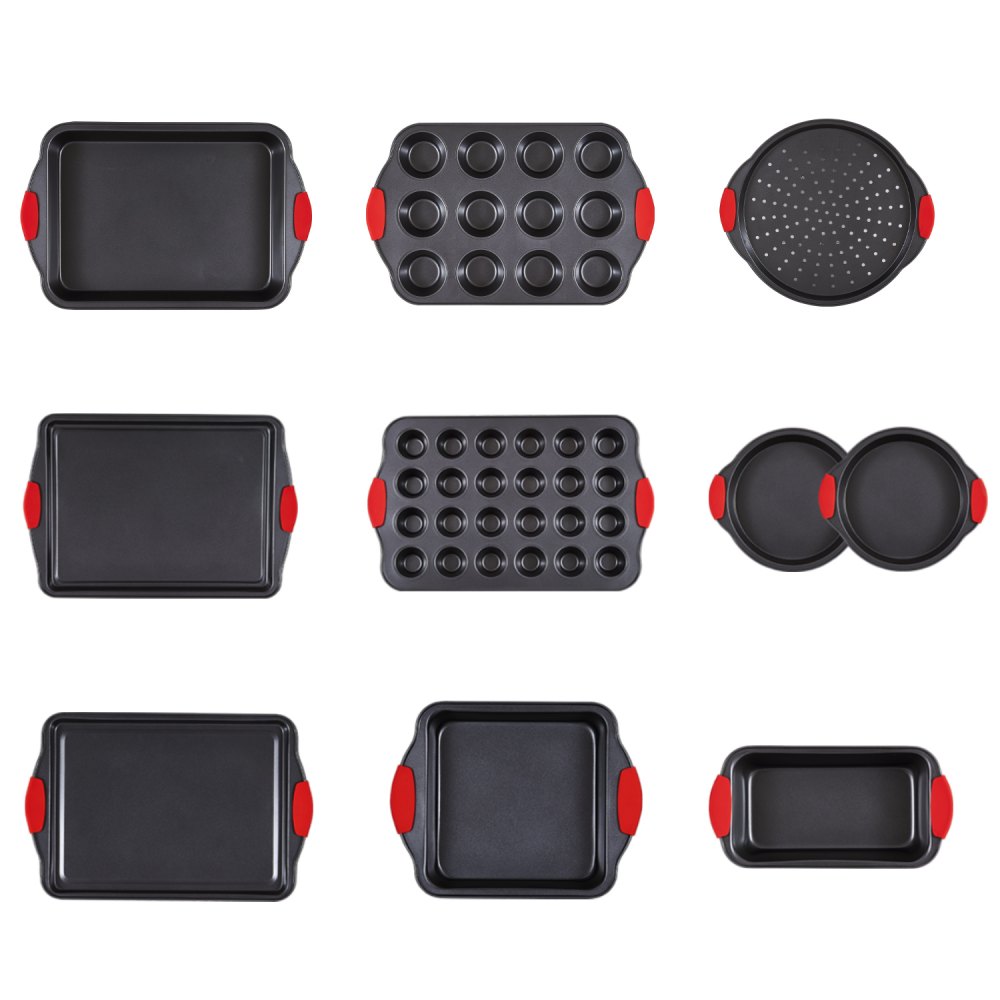 VEVOR 10-piece baking set, non-stick cookware plates and trays, carbon steel, oven-safe baking cookware sets with silicone handles, for cookies, cakes, muffins, bread, black