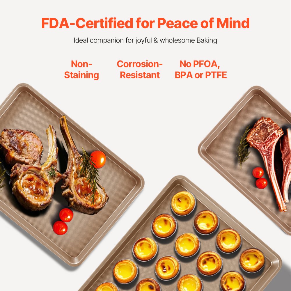 Zestaw naczyń do pieczenia VEVOR, 8 elementów, nieprzywierająca stal węglowa, talerze i tace, zestawy naczyń do pieczenia i gotowania do piekarnika kuchennego z silikonowymi uchwytami, do ciasteczek, ciast, muffinek, chleba, złoty