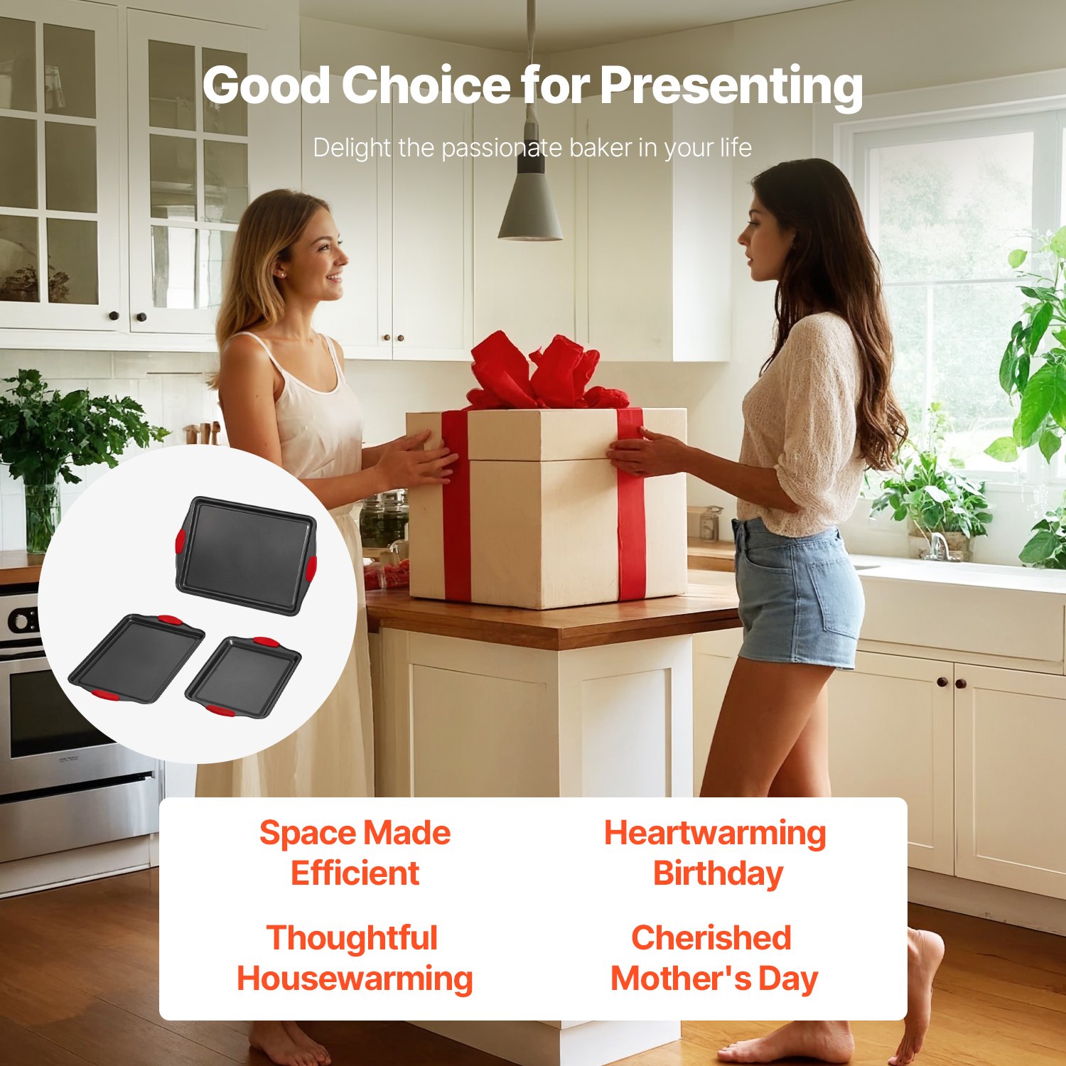 Zestaw naczyń do pieczenia VEVOR, 3-częściowy, ze stali węglowej z powłoką zapobiegającą przywieraniu, talerze i tace, zestawy naczyń do pieczenia i gotowania do piekarnika kuchennego z silikonowymi uchwytami, do ciastek, ciast, muffinek i chleba