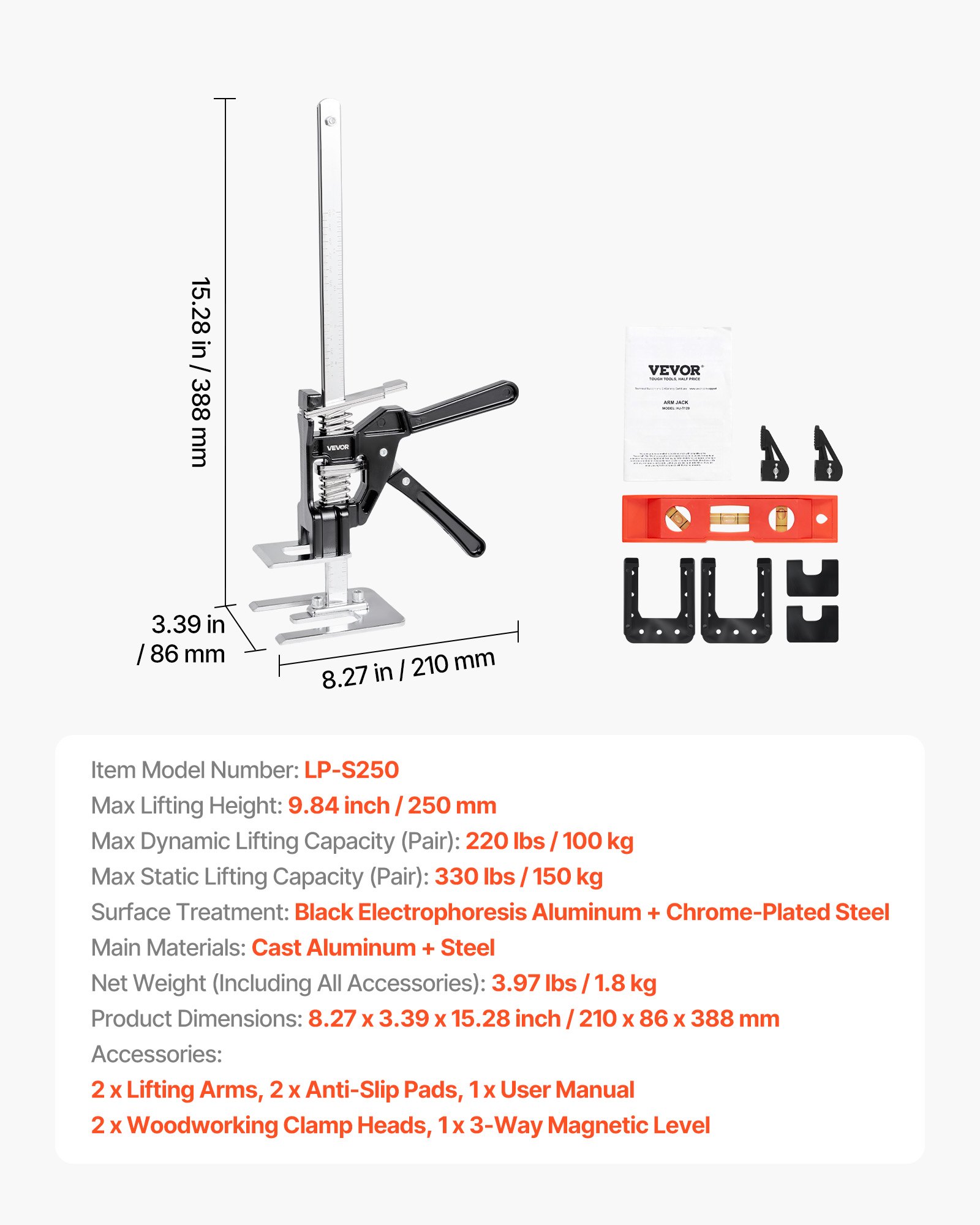 Podnośnik VEVOR oszczędzający pracę, 2 sztuki, udźwig 150 kg, podnoszenie do 25 cm, ręczne narzędzie do podnoszenia z poziomicą magnetyczną, regulowana wysokość, do drzwi, okien, mebli, obróbki drewna, kolor czarny