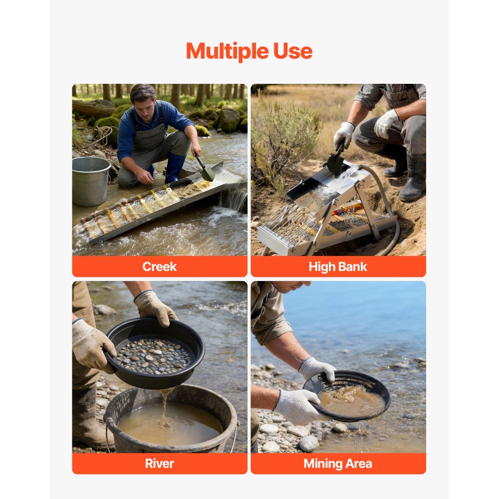 Zestaw do płukania złota VEVOR Highbanker 127 cm (50 cali), 3-w-1, składana aluminiowa skrzynia do płukania złota, 26-częściowy przenośny zestaw poszukiwawczy z szalkami na złoto, sito klasyfikacyjne, magnes, plecak, akcesoria
