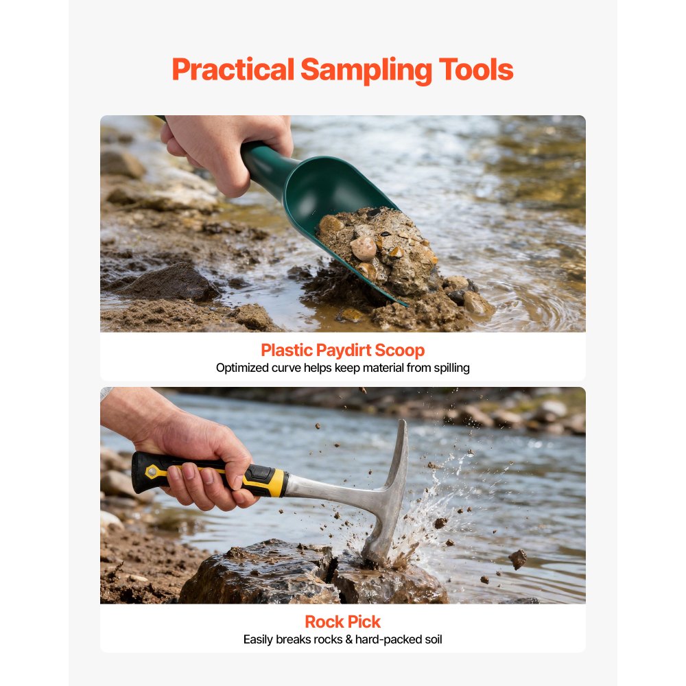 Zestaw tac do płukania złota VEVOR, 10 i 14 cali, taca do płukania złota z polipropylenu, 19-częściowy zestaw przenośny z sitami klasyfikacyjnymi, magnesem do piasku, kilofem do kamienia, łopatkami, plecakiem i akcesoriami, zestaw tac do płukania złota, czarny