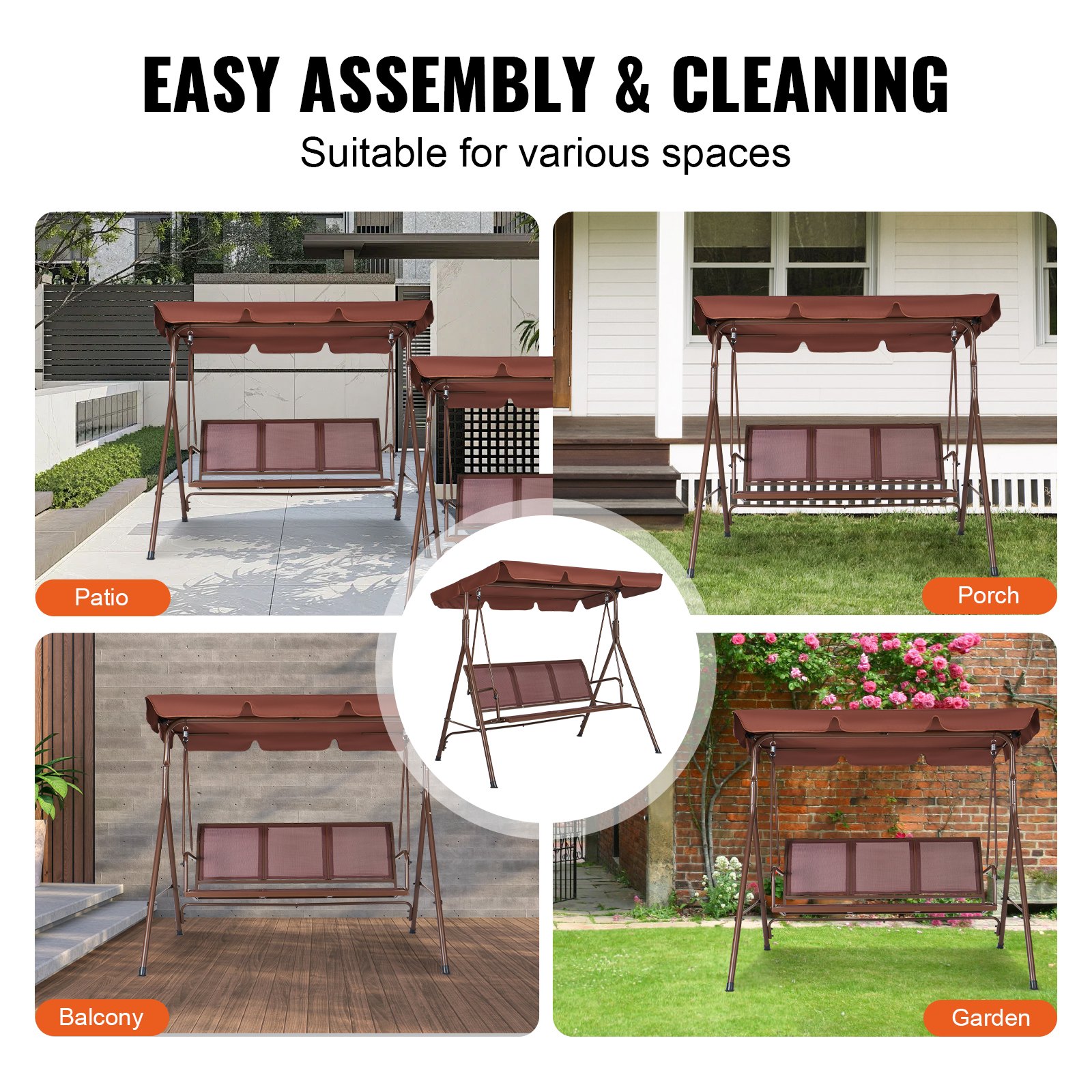 VEVOR 3-osobowa huśtawka ogrodowa z regulowanym daszkiem, huśtawka na werandę z podłokietnikami, tkanina Teslin i rama ze stali stopowej na balkon, podwórko, patio, ogród, brązowa