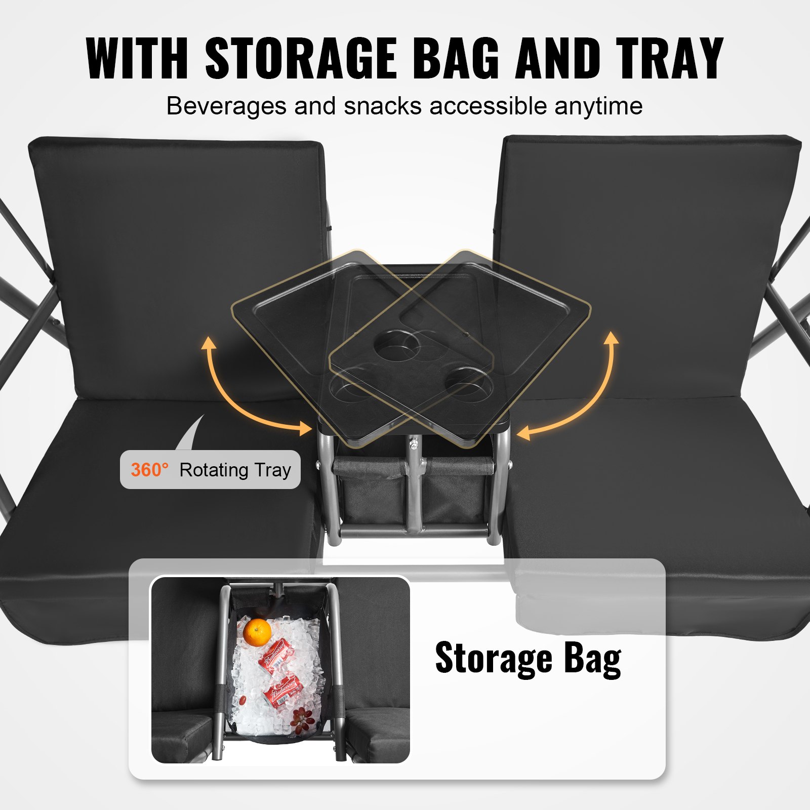 Huśtawka ogrodowa VEVOR 2-osobowa z regulowanym daszkiem, torbą do przechowywania i obrotową tacą, tkanina Oxford i rama ze stali stopowej, na balkon i do ogrodu, kolor czarny