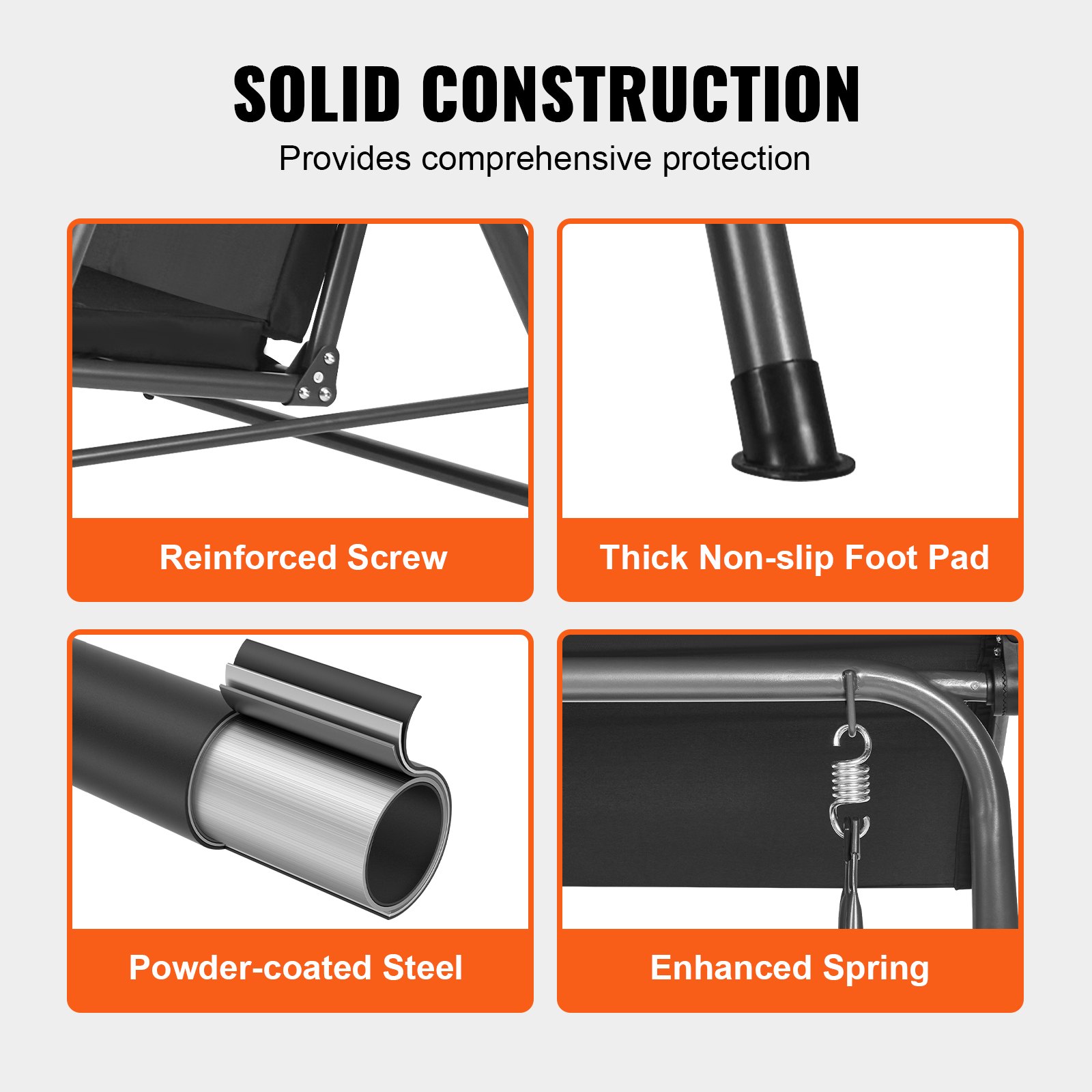 Huśtawka ogrodowa VEVOR 2-osobowa z regulowanym daszkiem, torbą do przechowywania i obrotową tacą, tkanina Oxford i rama ze stali stopowej, na balkon i do ogrodu, kolor czarny