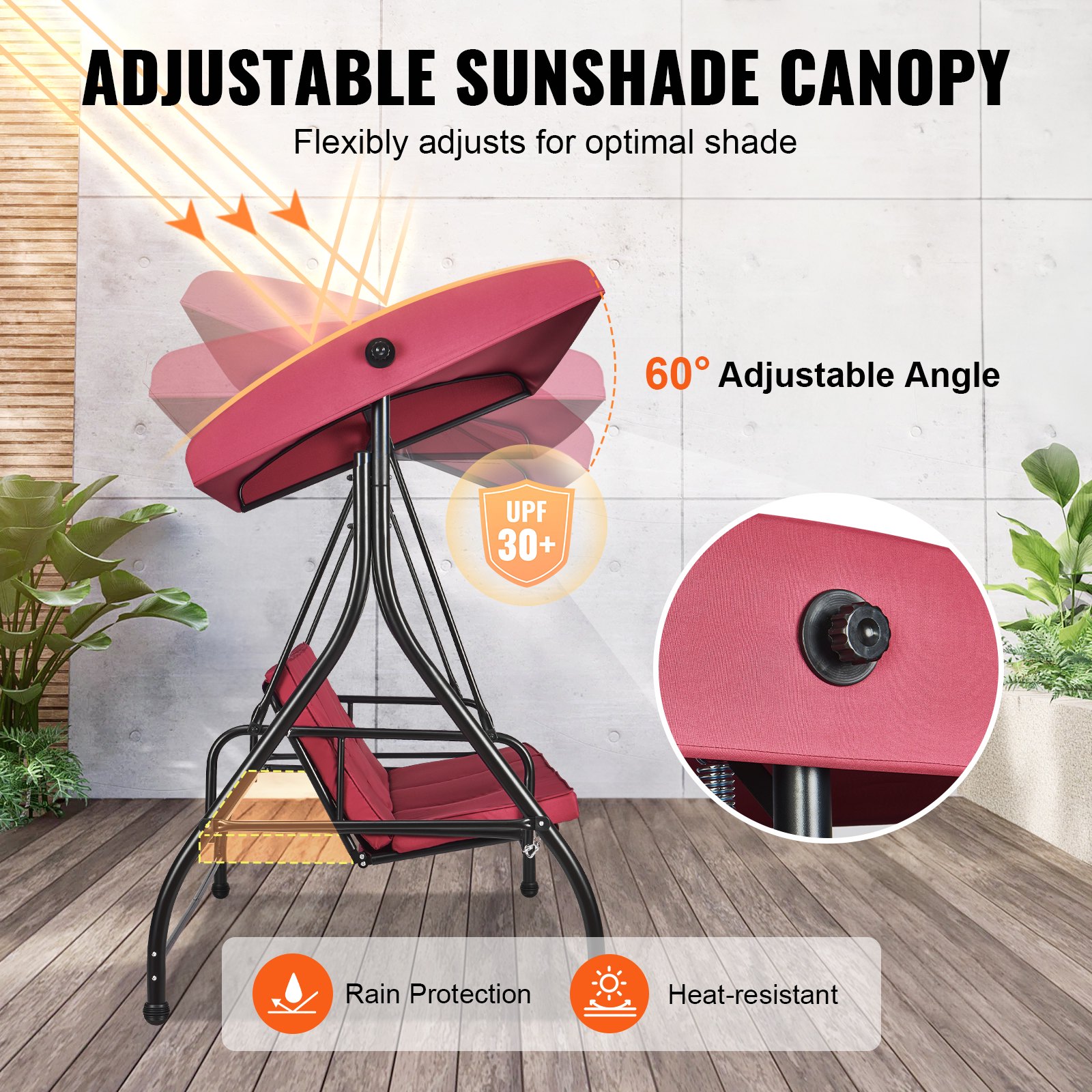 VEVOR 3-osobowa huśtawka ogrodowa, huśtawka na werandę z regulowanym daszkiem, zdejmowaną poduszką i ramą ze stali stopowej, na balkon, podwórko, przy basenie, bordowa