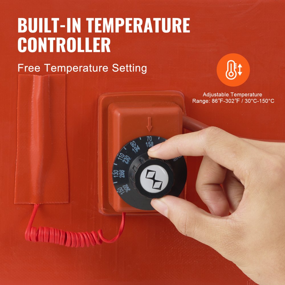 VEVOR Metalowy podgrzewacz beczek, 1200 W, szerokość 5 cali, taśma grzewcza do beczek o pojemności 55 galonów, regulowany termostat w zakresie 86–302°F, wysokowydajny silikonowy podgrzewacz beczek na smar, certyfikat CE, kolor pomarańczowy