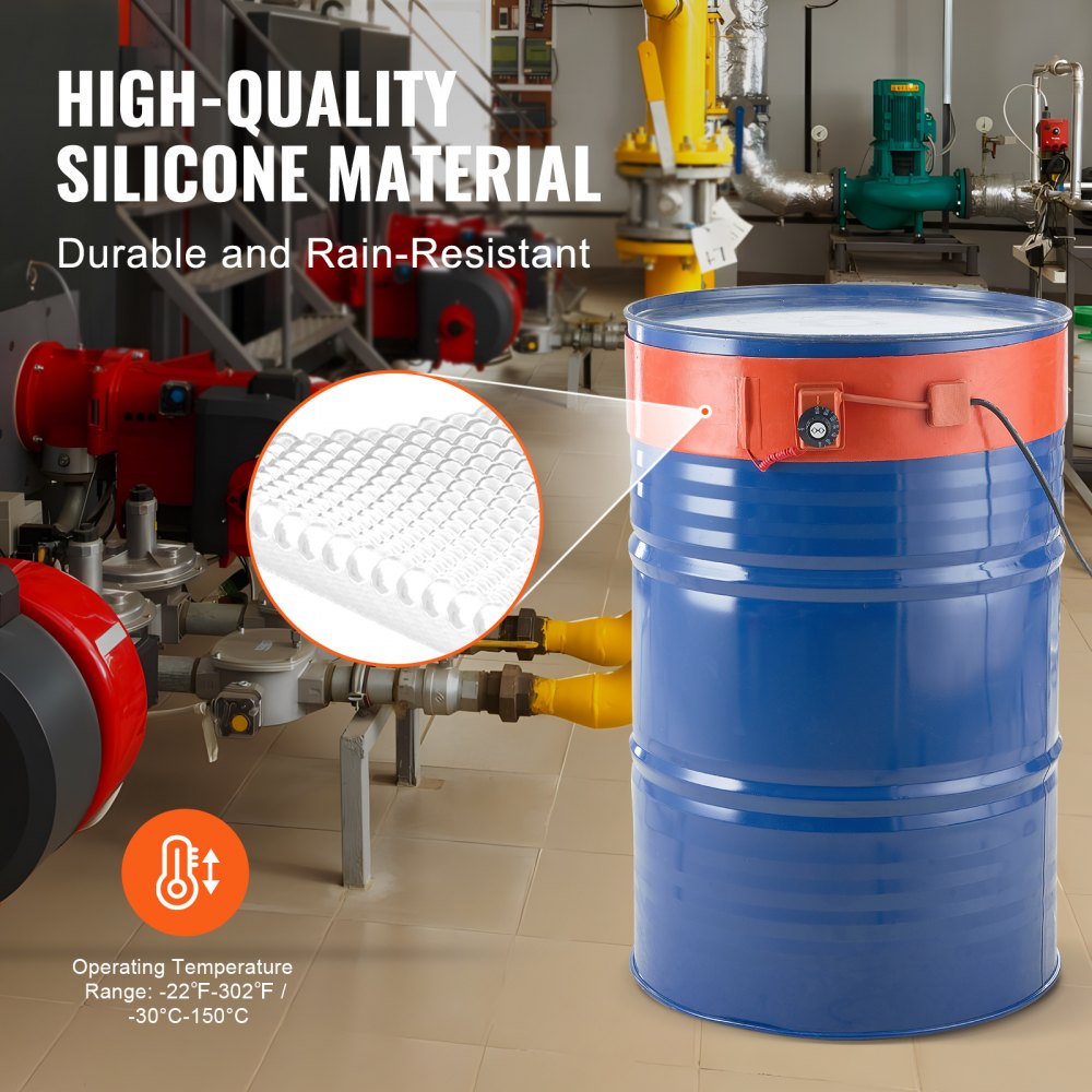 VEVOR Metalowy podgrzewacz beczek, 1200 W, szerokość 5 cali, taśma grzewcza do beczek o pojemności 55 galonów, regulowany termostat w zakresie 86–302°F, wysokowydajny silikonowy podgrzewacz beczek na smar, certyfikat CE, kolor pomarańczowy