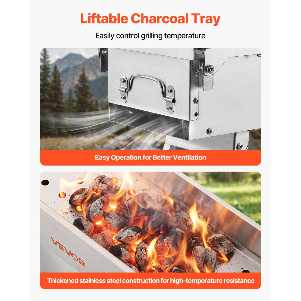 Składany grill węglowy VEVOR 0,16 m², przenośny grill węglowy z podnoszoną tacką na węgiel i stolikami bocznymi, grill kempingowy ze szczotkowanej stali nierdzewnej na kemping na świeżym powietrzu, przyjęcia ogrodowe, pikniki