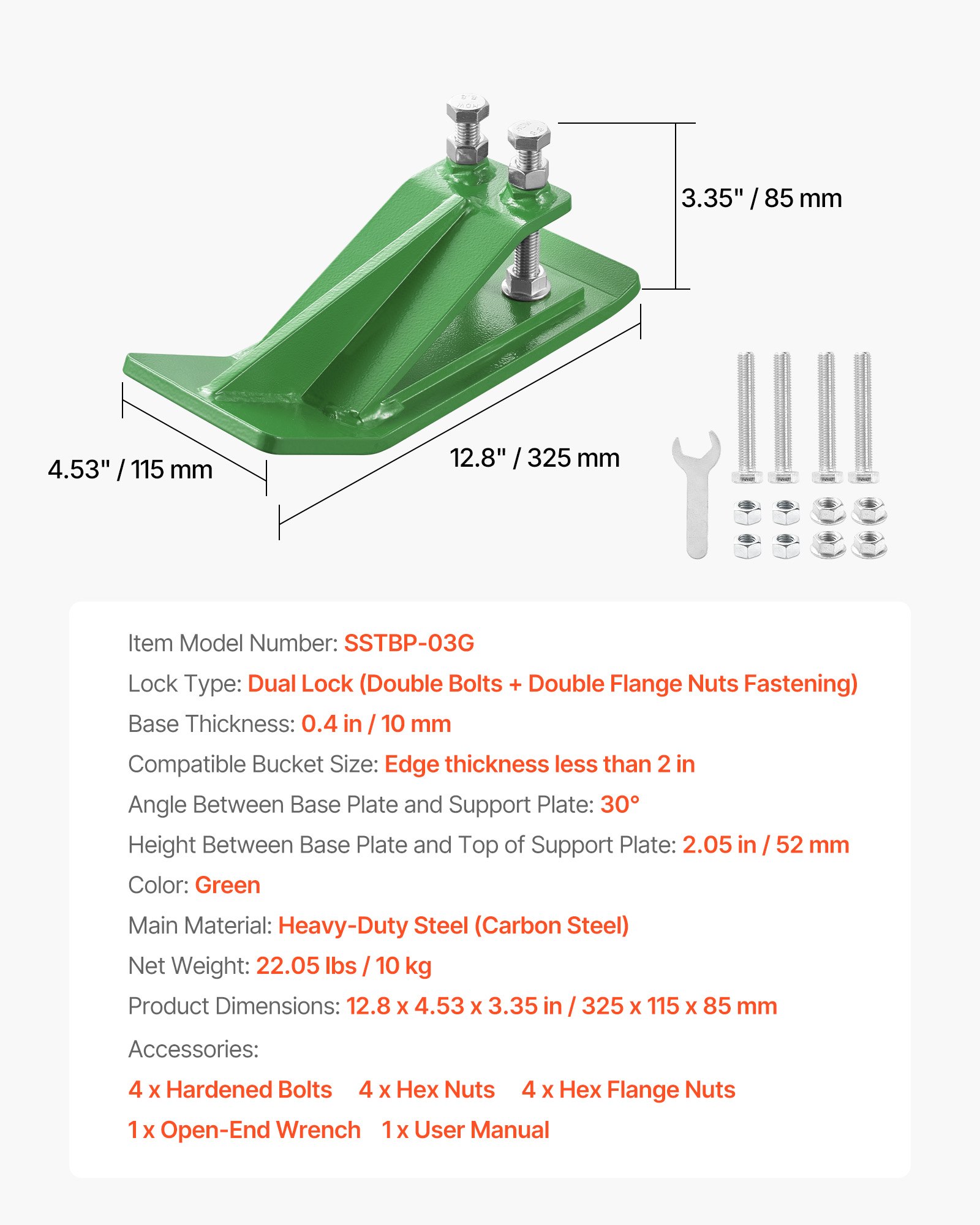 VEVOR Tractor Bucket Protector, 2PCS Heavy Duty Steel Bucket Edge Protectors, Edge Tamer Anti-Skid Device with Double Hexagon Lock Nuts and Bolts, for Snow, Leave Removal & Spreading Gravel (Green)