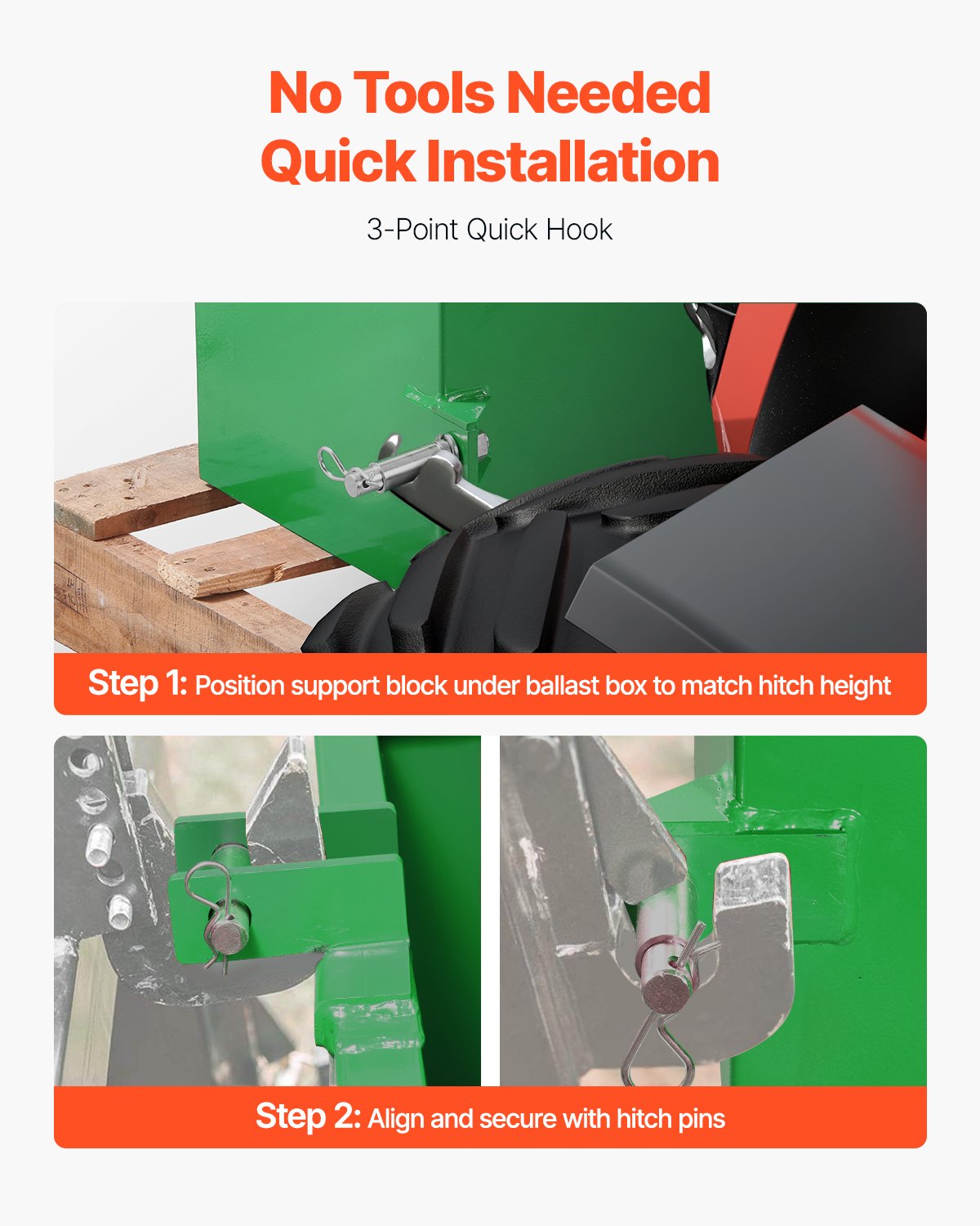 Obciążnik zaczepu przyczepy VEVOR, kategoria 1, 3-punktowy, o udźwigu 363 kg, do zaczepu przyczepy o szerokości 5,6 cm, stalowy, o dużej ładowności, z drzwiami przesuwnymi, zielony