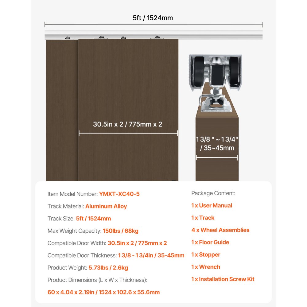 Zestaw prowadnic do drzwi przesuwnych VEVOR, system drzwi przesuwnych 1524 mm, system drzwi przesuwnych z podwójnymi szynami wykonany ze stopu aluminium, odpowiednia szerokość drzwi 775 mm x 2, nośność okuć drzwi przesuwnych 68 kg