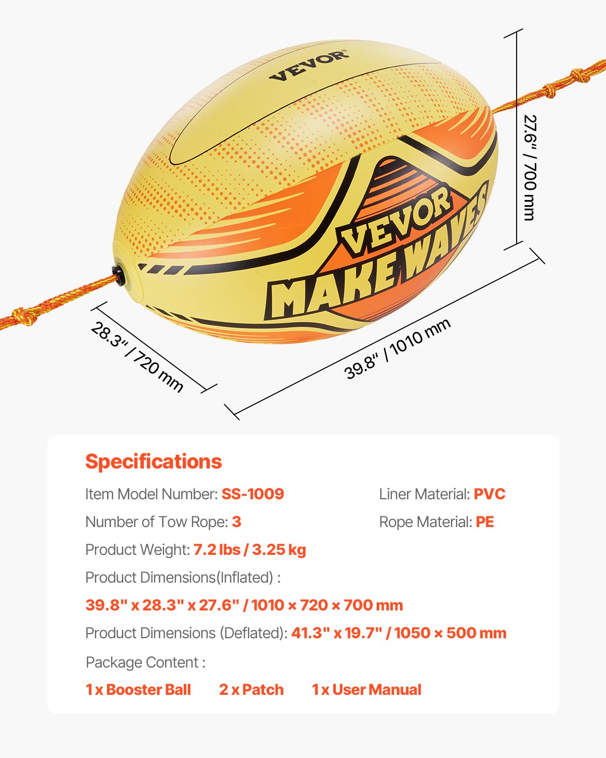 VEVOR Booster Ball, holowana lina, piłka sportowa, nadmuchiwana piłka z pogrubionego PVC do żeglarstwa i sportów wodnych – z liną o wysokiej wytrzymałości na rozciąganie i zaworem bezpieczeństwa.